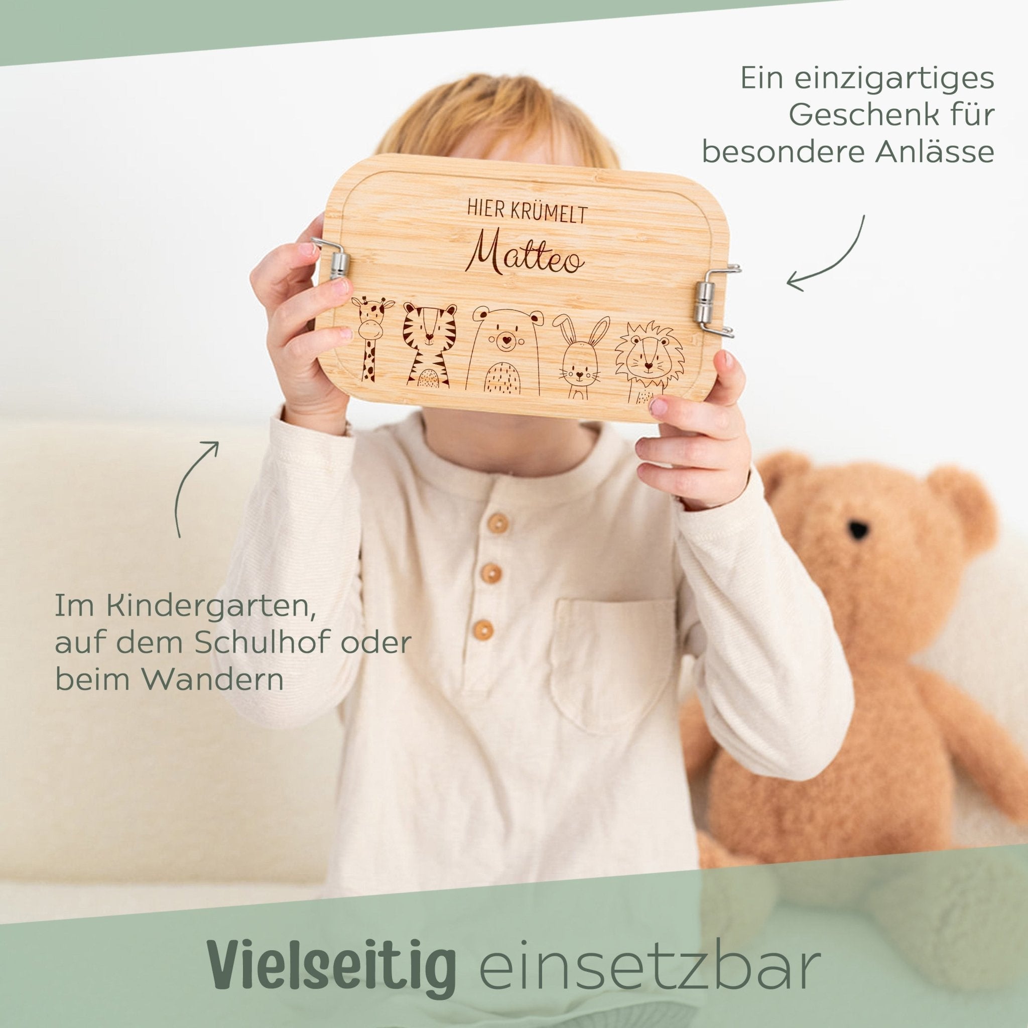 Brotdose Edelstahl personalisiert - Tiere unten Gravur - wunderwunsch