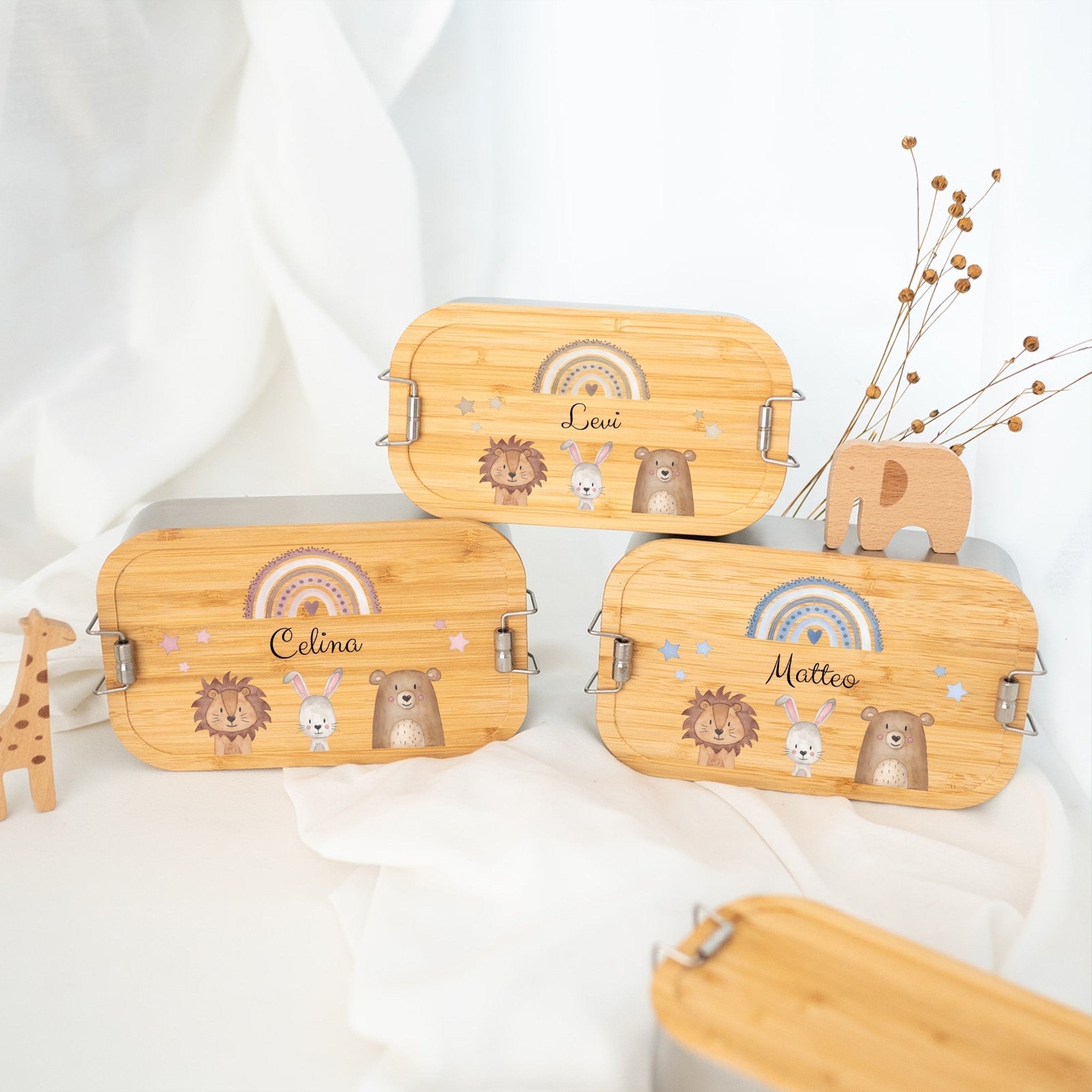 Brotdose Edelstahl personalisiert - Tiere unten Regenbogen Sterne Aquarell - wunderwunsch