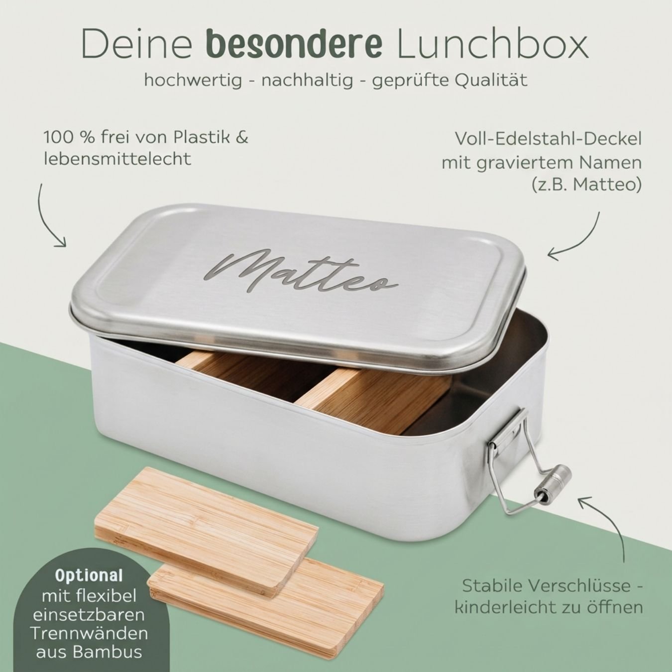 Brotdose Volledelstahl silber personalisiert - Name Gravur - wunderwunsch