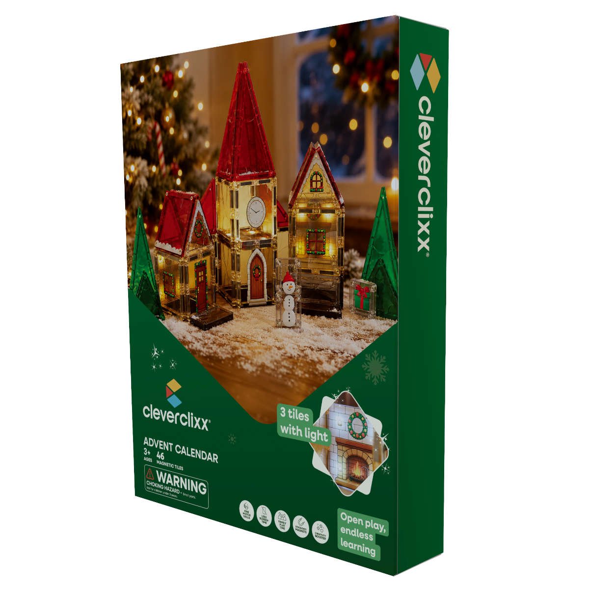 CLEVERCLIXX Adventskalender Weihnachtsdorf Magnetbausteine mit Licht, 46 Teile - wunderwunsch