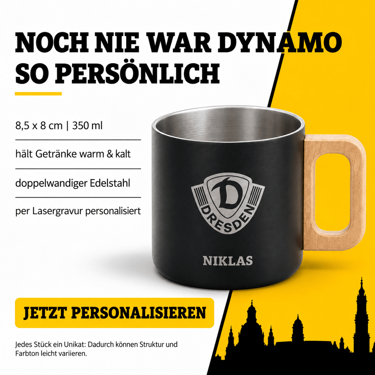 DYNAMO Kaffeetasse Edelstahl schwarz Wappen personalisiert - wunderwunsch