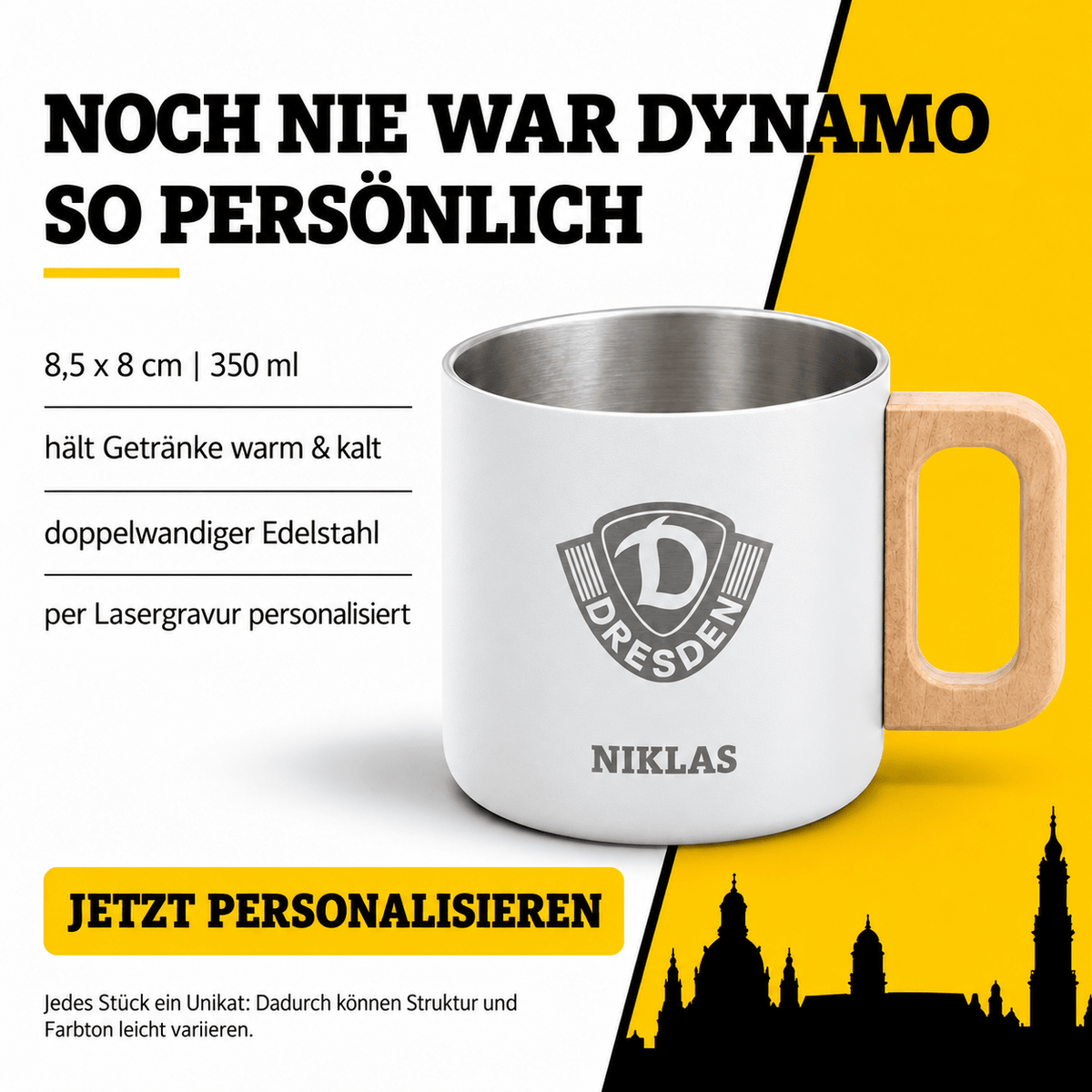 DYNAMO Kaffeetasse Edelstahl weiß Wappen personalisiert - wunderwunsch
