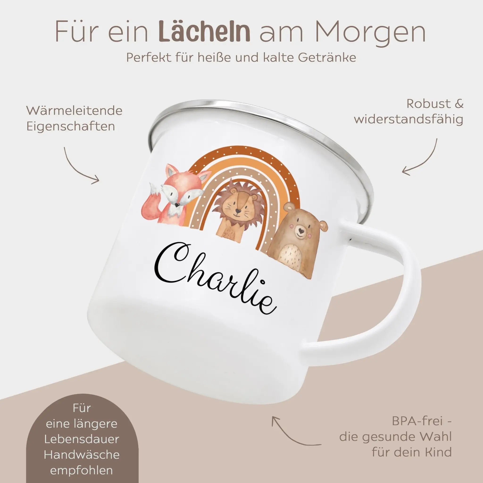 Emaille Kindertasse personalisiert - Fuchs, Löwe, Bär Regenbogen Aquarell - wunderwunsch