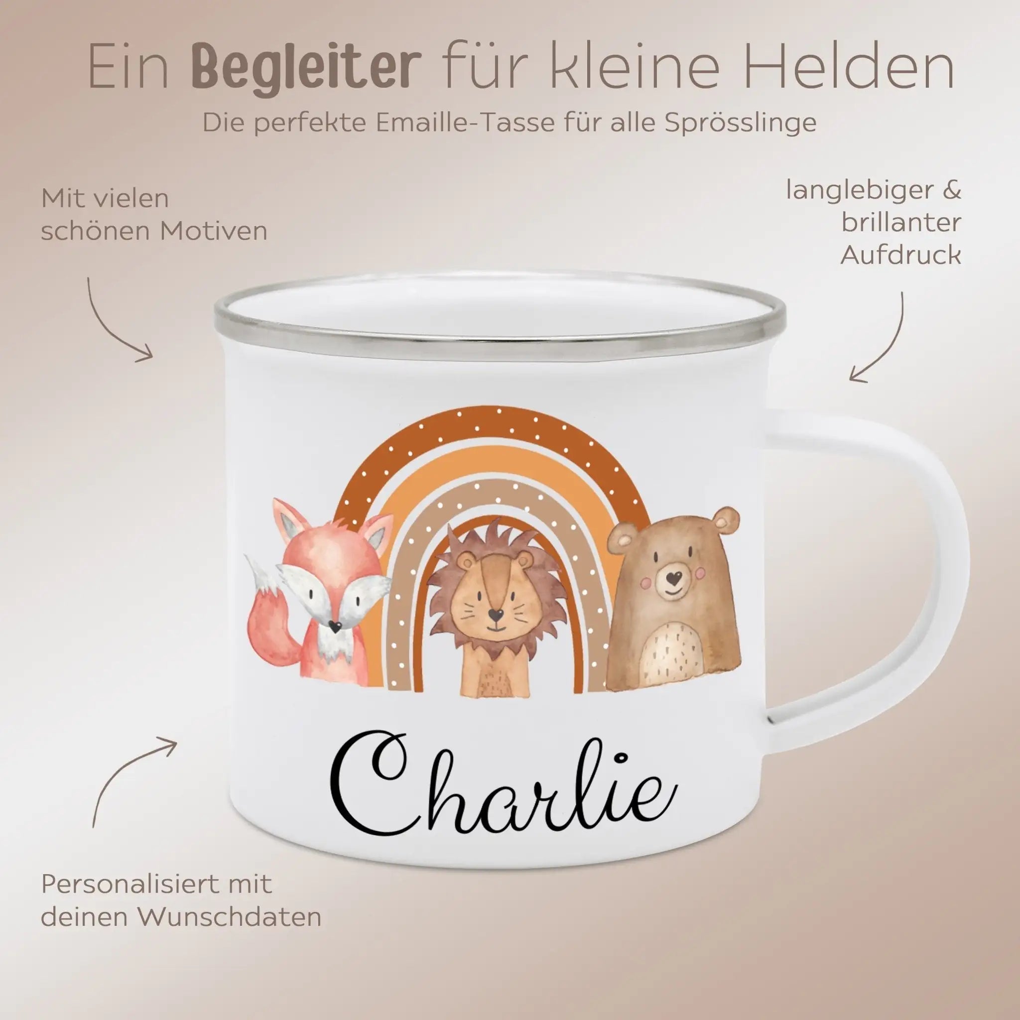 Emaille Kindertasse personalisiert - Fuchs, Löwe, Bär Regenbogen Aquarell - wunderwunsch