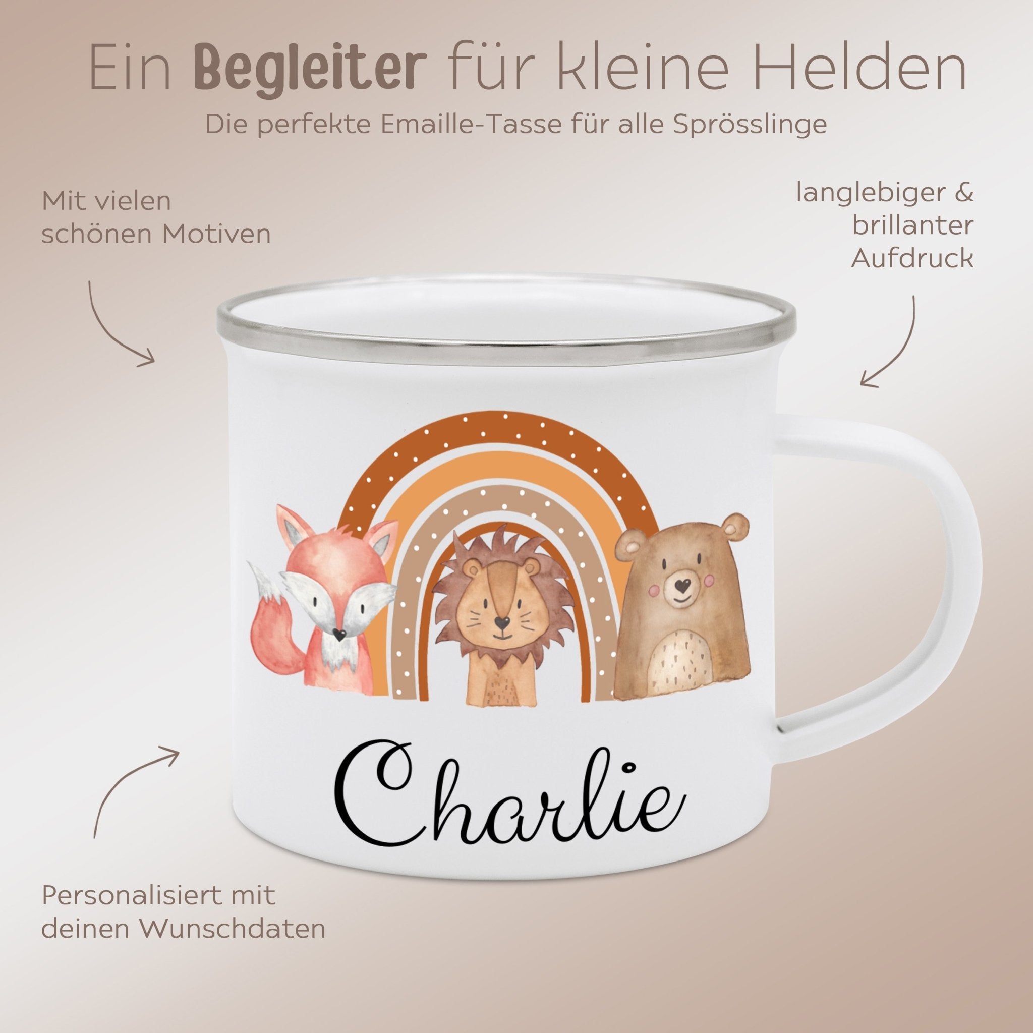 Emaille Kindertasse personalisiert - Fuchs, Löwe, Bär Regenbogen Aquarell - wunderwunsch