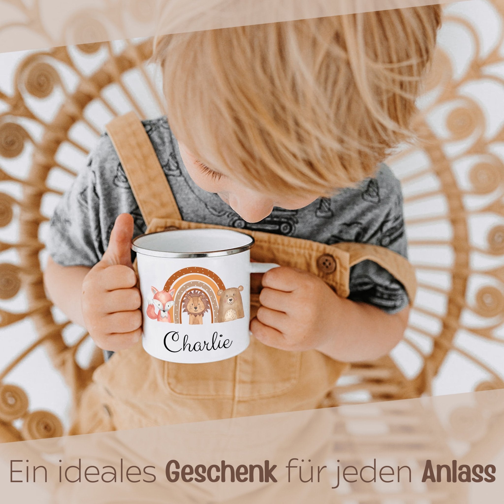 Emaille Kindertasse personalisiert - Fuchs, Löwe, Bär Regenbogen Aquarell - wunderwunsch
