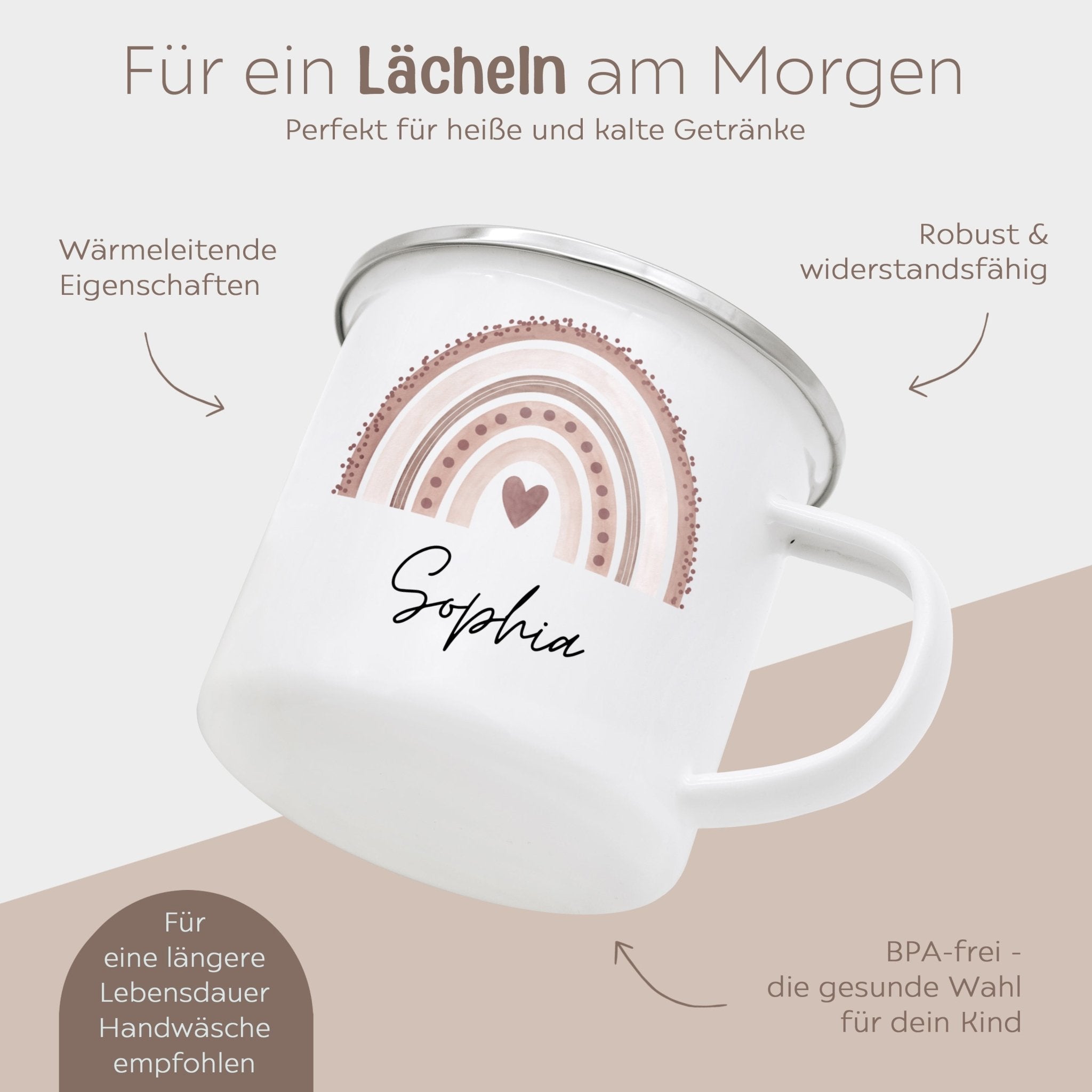 Emaille Kindertasse personalisiert - Regenbogen Punkte Aquarell - wunderwunsch