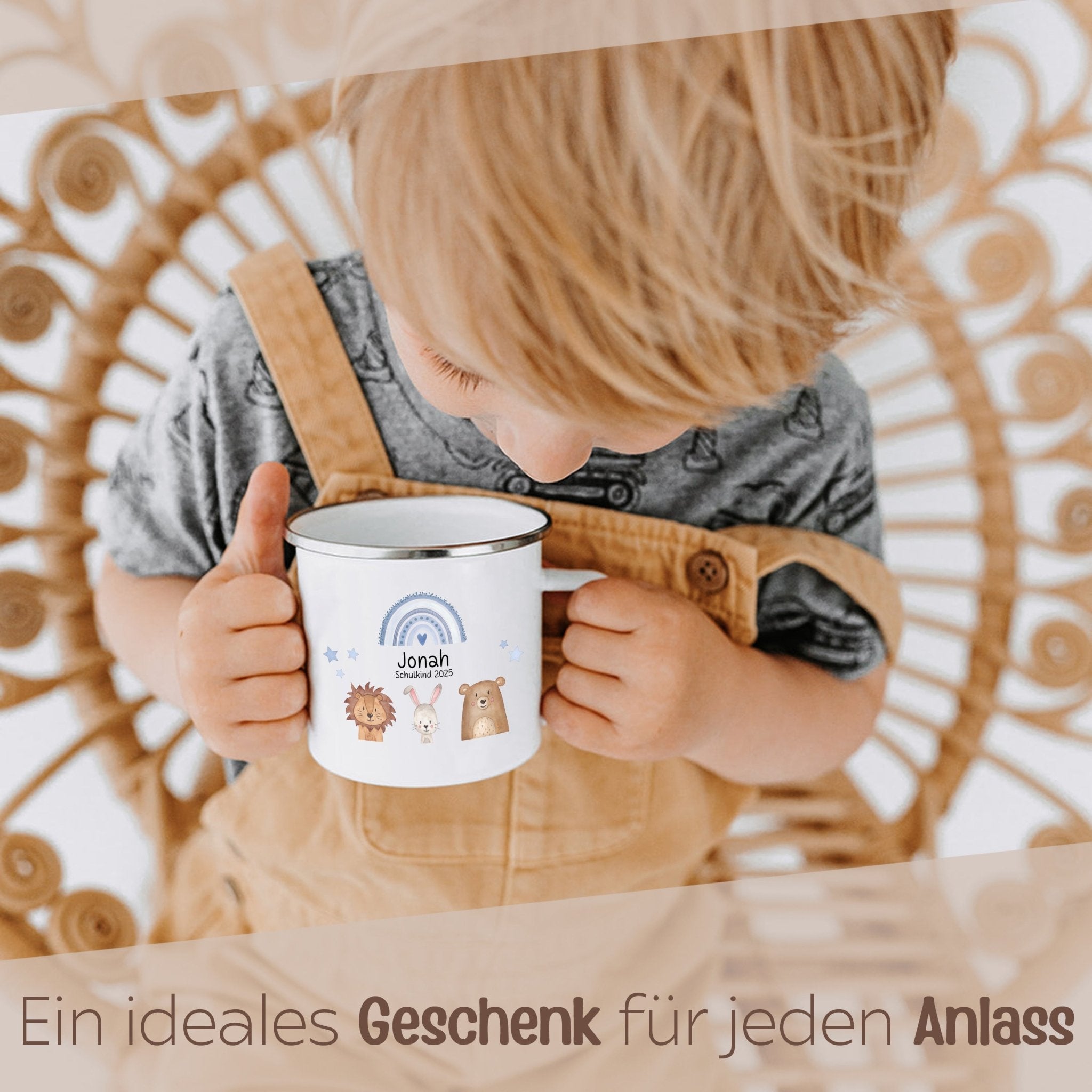 Emaille Kindertasse personalisiert - "Schulkind 2025" Tiere Trio Regenbogen Sterne - wunderwunsch