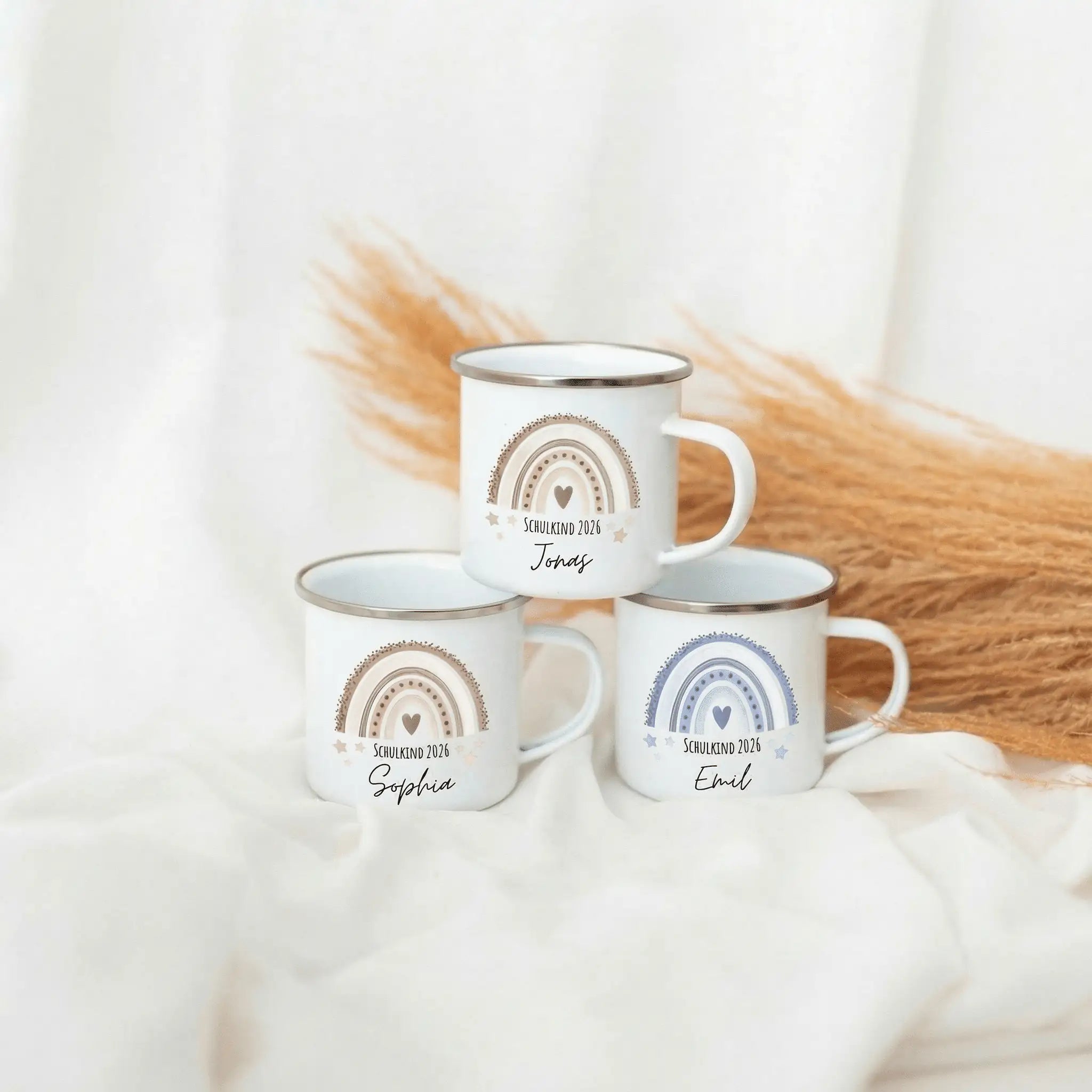 Emaille Kindertasse personalisiert - "Schulkind 2026" Regenbogen Punkte Aquarell - wunderwunsch
