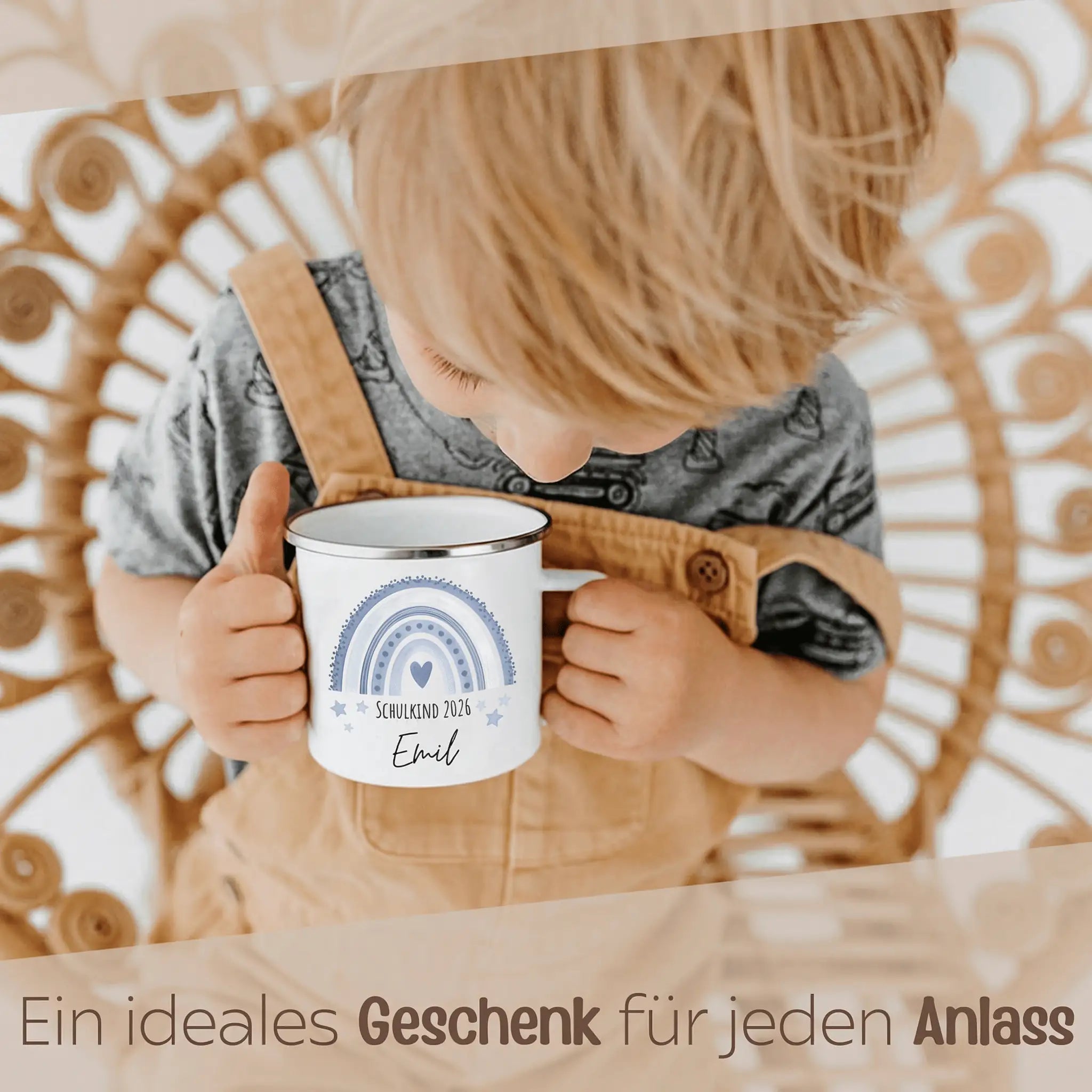 Emaille Kindertasse personalisiert - "Schulkind 2026" Regenbogen Punkte Aquarell - wunderwunsch