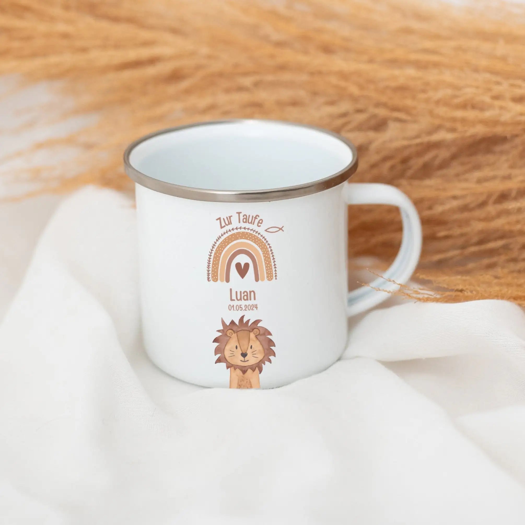 Emaille Kindertasse personalisiert - Taufe Tier Regenbogen - wunderwunsch