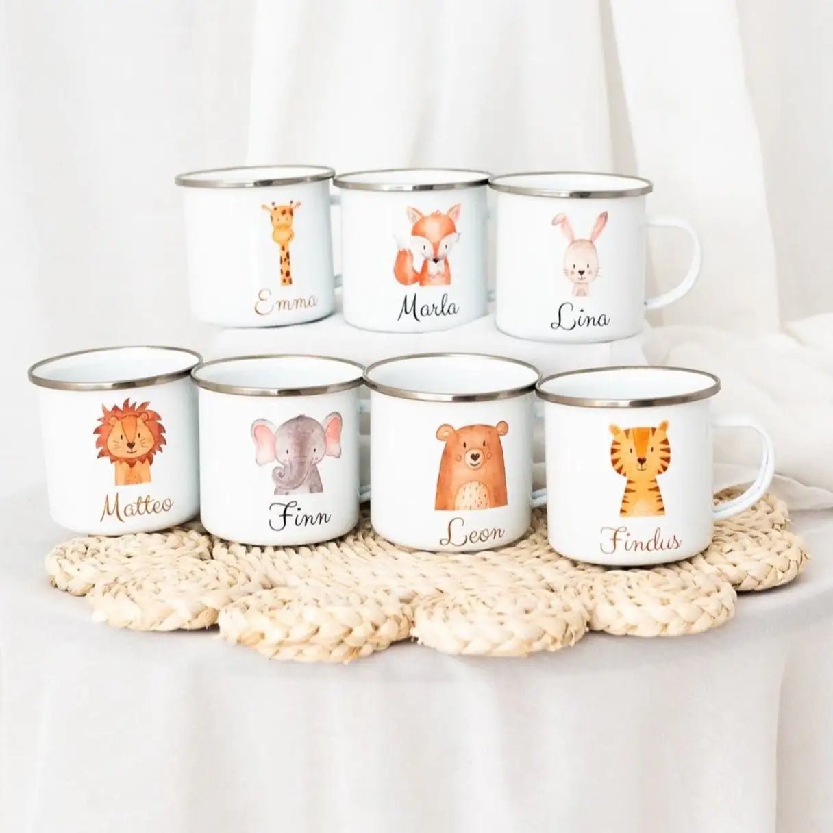 Emaille Kindertasse personalisiert - Tier Aquarell - wunderwunsch