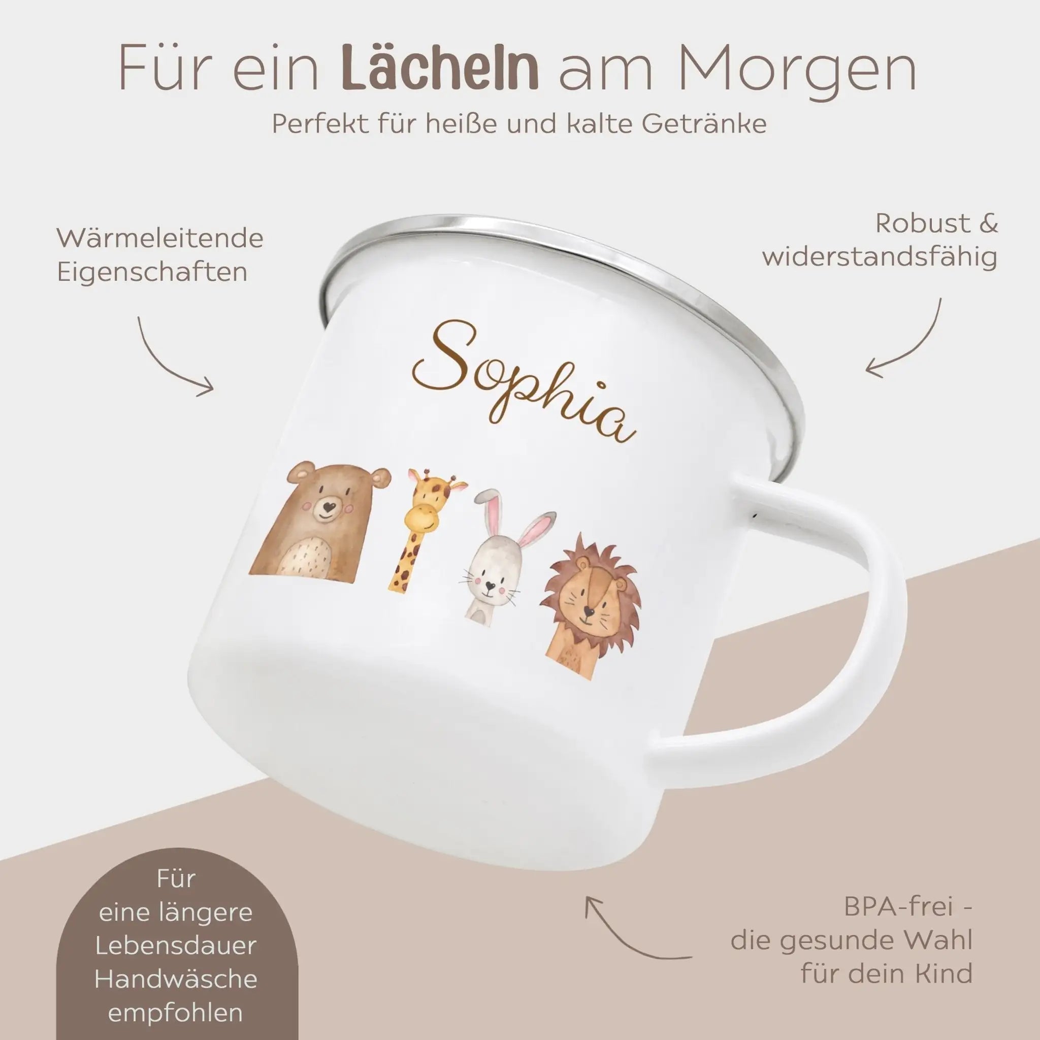 Emaille Kindertasse personalisiert - Tiere oder Dinos unten Aquarell - wunderwunsch