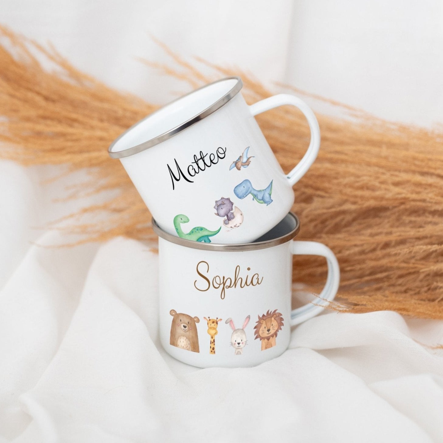 Emaille Kindertasse personalisiert - Tiere oder Dinos unten Aquarell - wunderwunsch