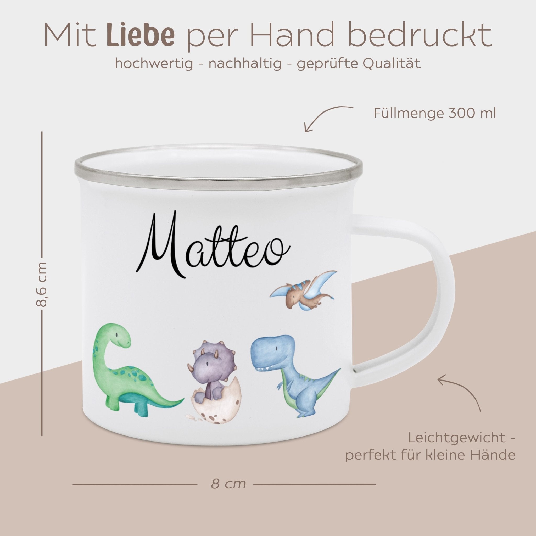 Emaille Kindertasse personalisiert - Tiere oder Dinos unten Aquarell - wunderwunsch