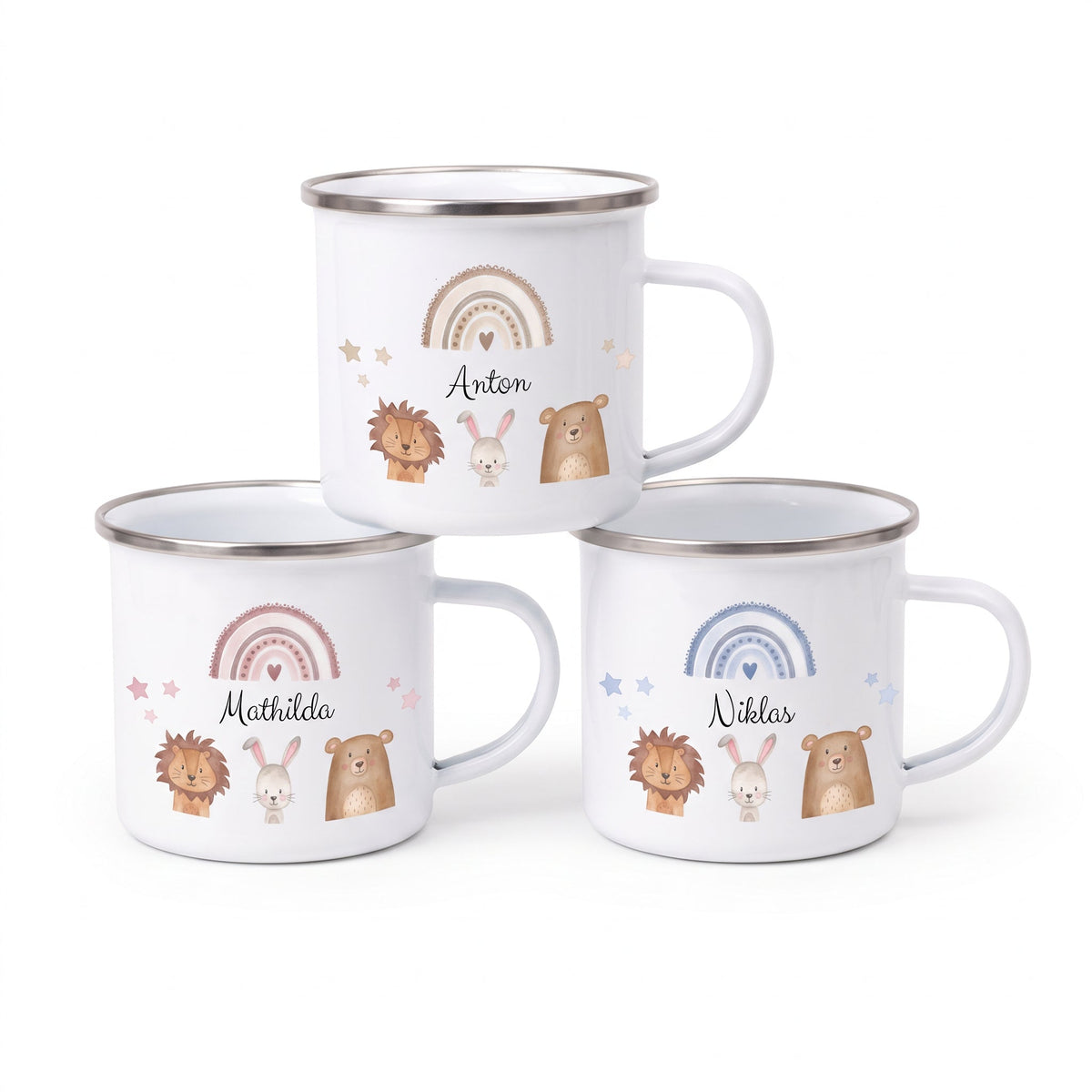 Emaille Kindertasse personalisiert - Tiere Trio Regenbogen Sterne - wunderwunsch
