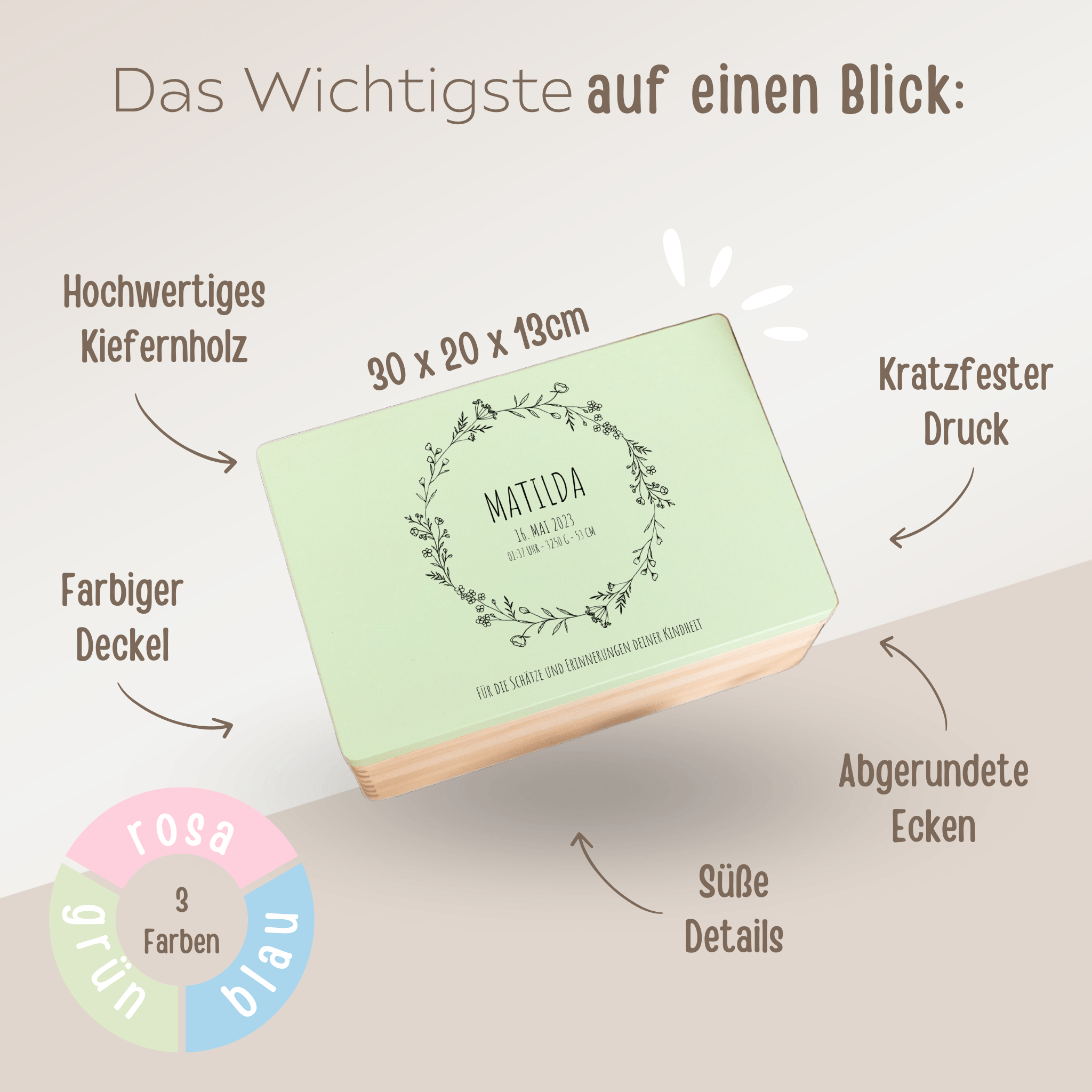 Erinnerungsbox Holz farbig mit Wunschdaten – Blumenkranz "Kindheitserinnerungen" - wunderwunsch