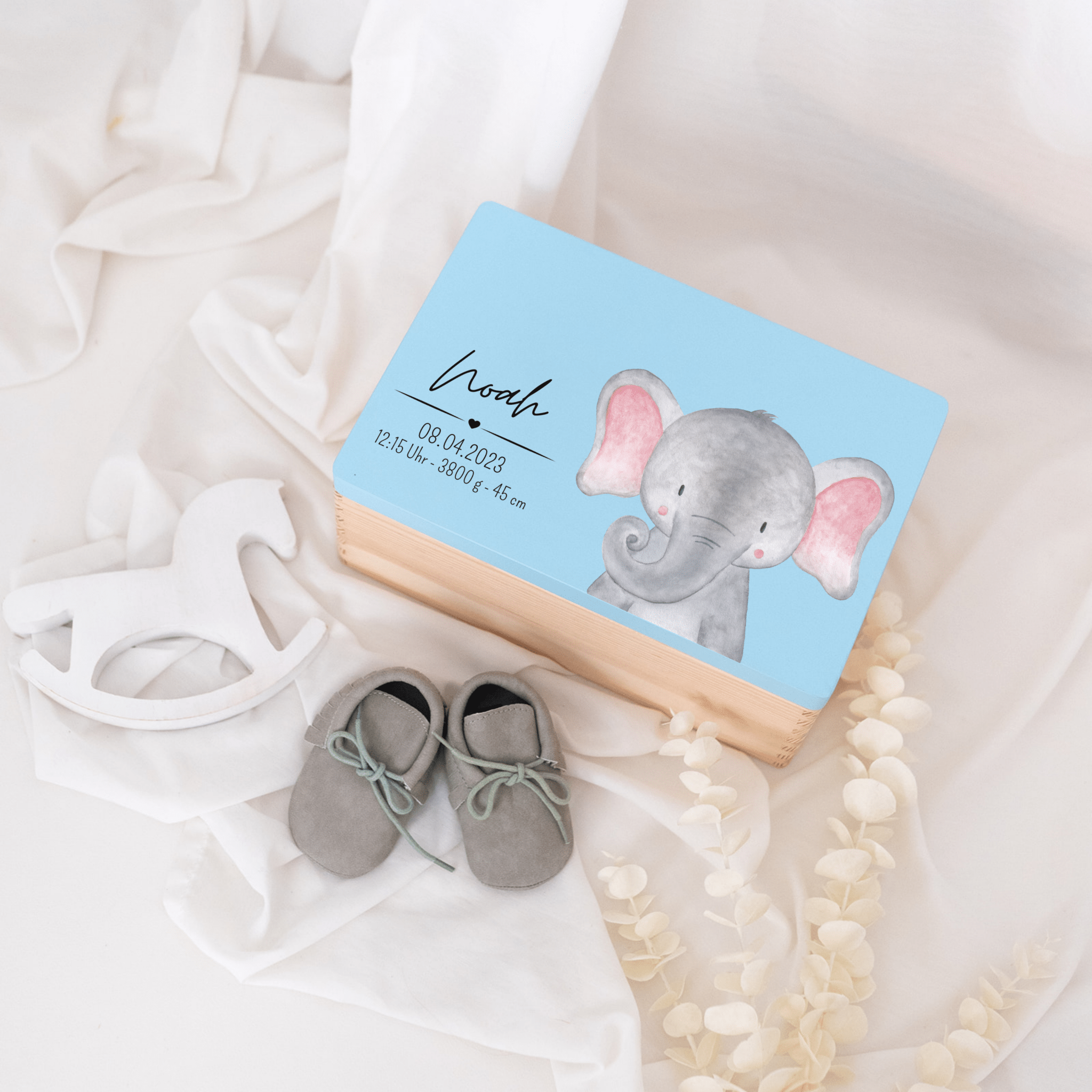 Erinnerungsbox Holz farbig mit Wunschdaten – Tier Aquarell - wunderwunsch