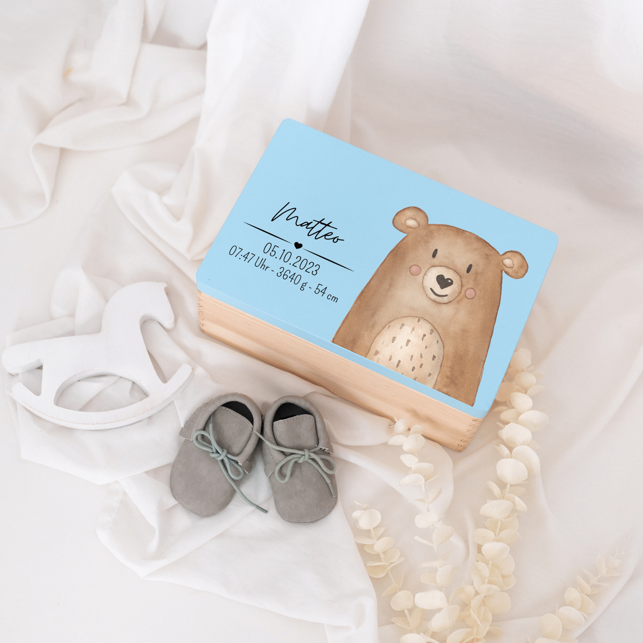Erinnerungsbox Holz farbig mit Wunschdaten – Tier Aquarell - wunderwunsch