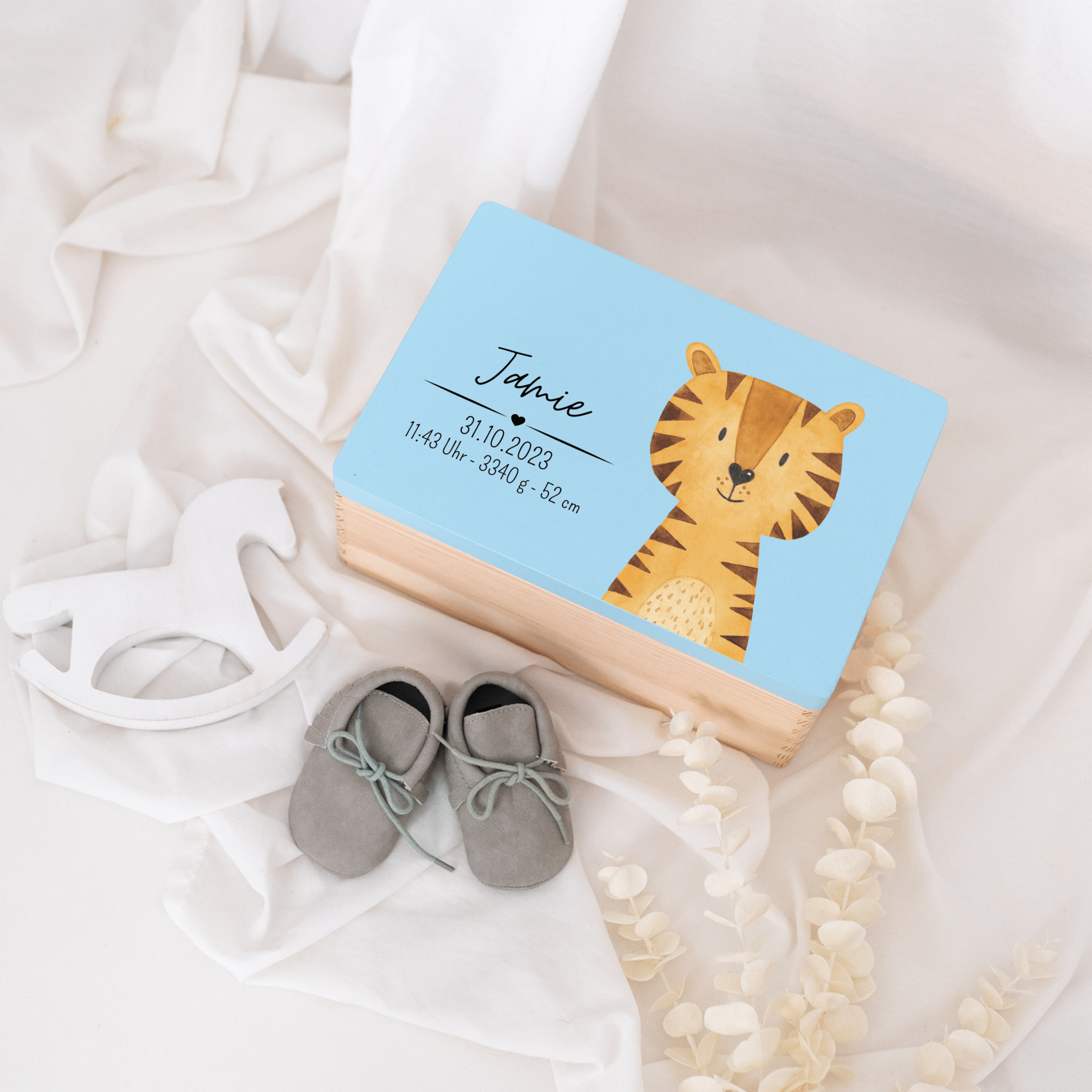 Erinnerungsbox Holz farbig mit Wunschdaten – Tier Aquarell - wunderwunsch