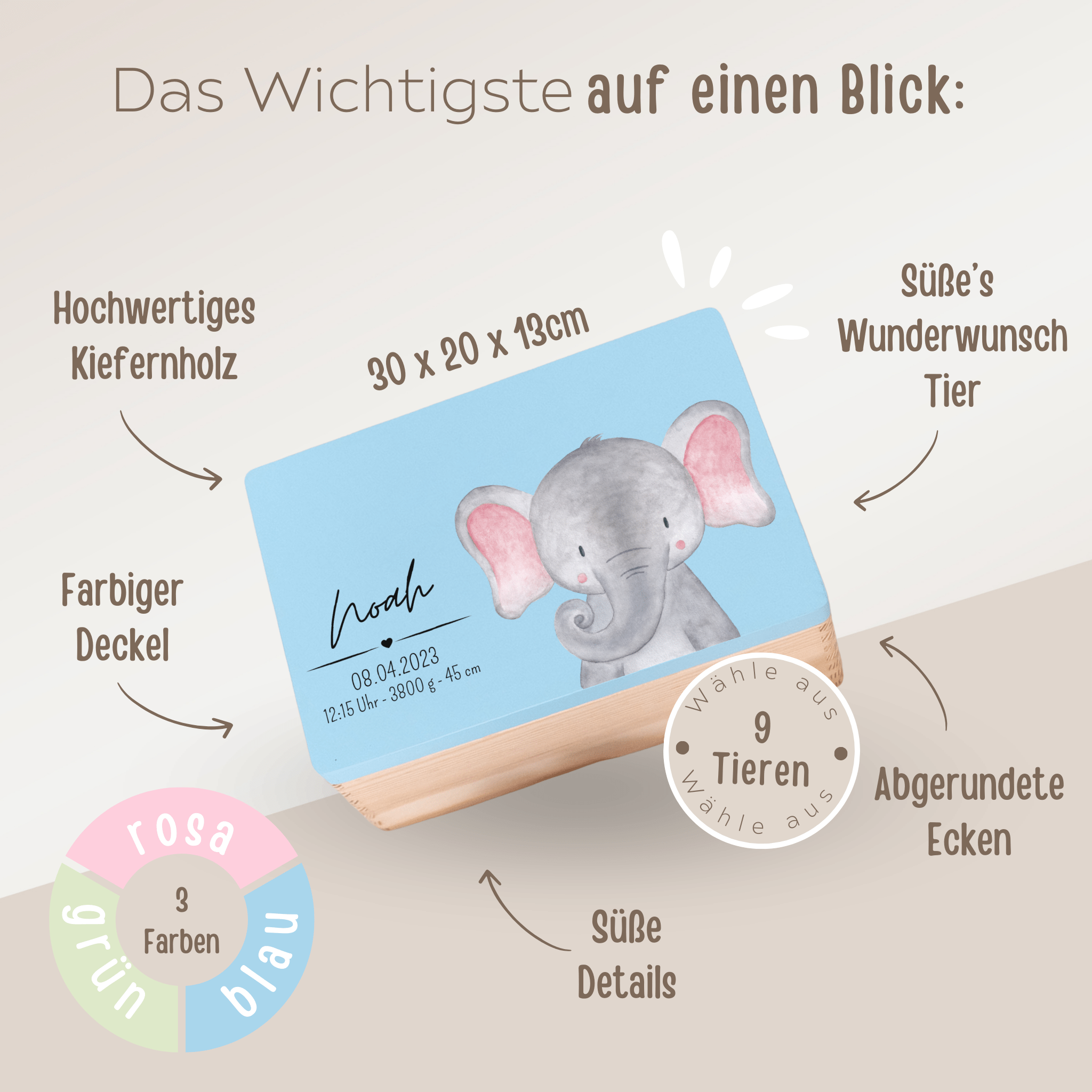 Erinnerungsbox Holz farbig mit Wunschdaten – Tier Aquarell - wunderwunsch
