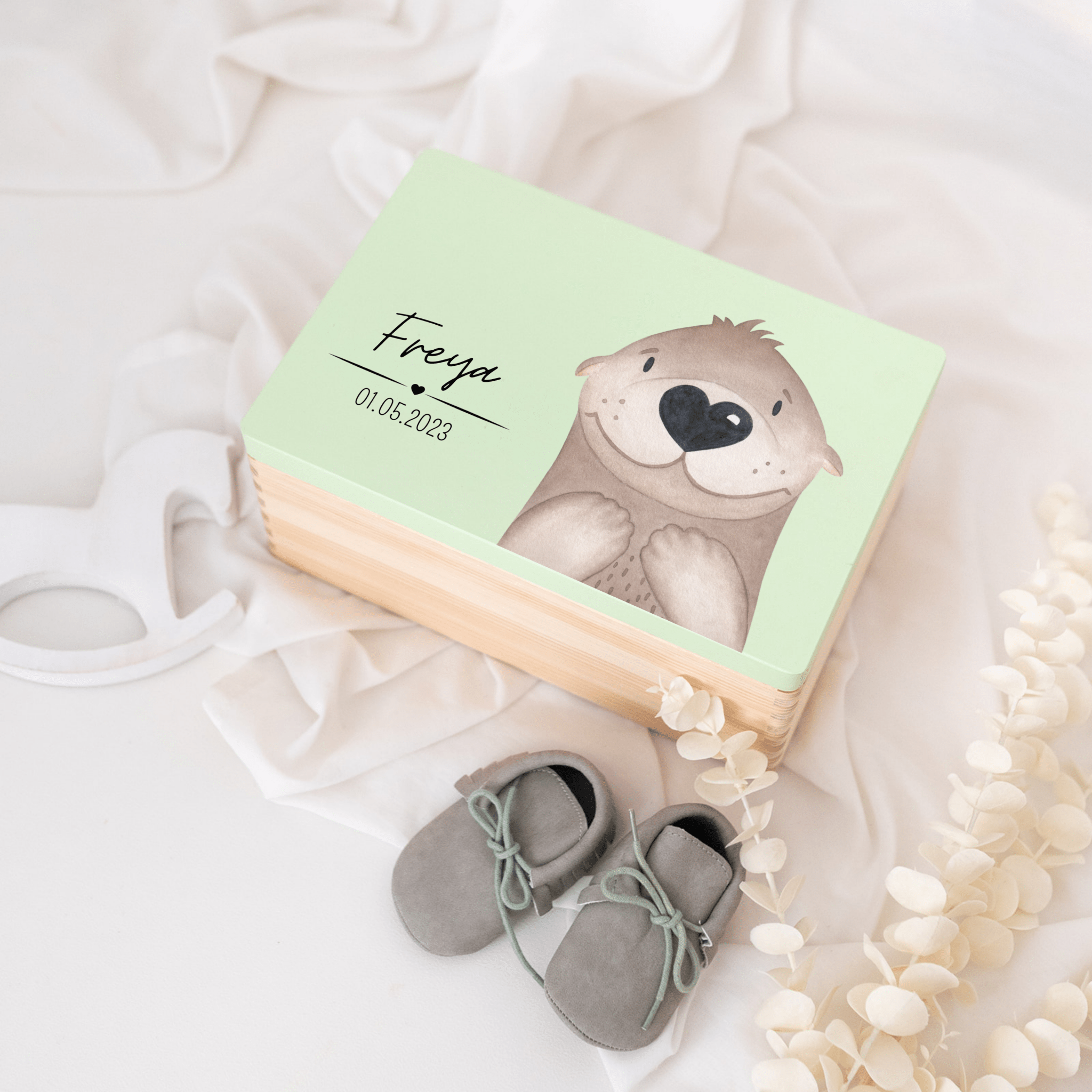Erinnerungsbox Holz farbig mit Wunschdaten – Tier Aquarell - wunderwunsch