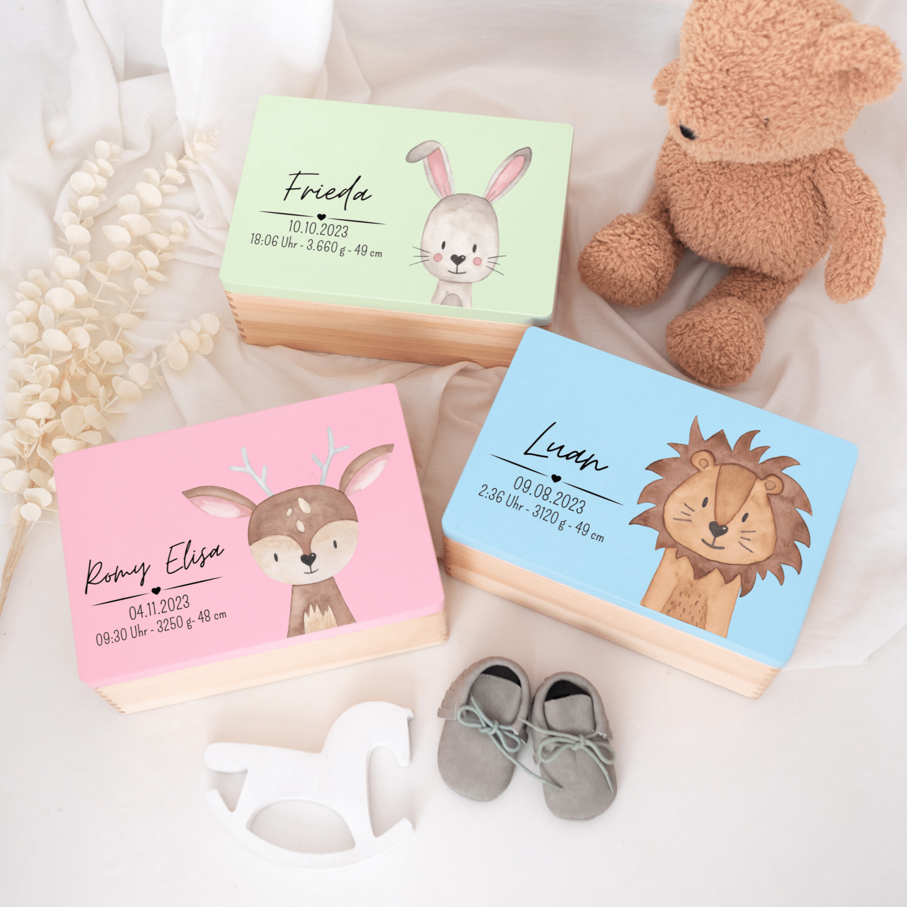 Erinnerungsbox Holz farbig mit Wunschdaten – Tier Aquarell - wunderwunsch