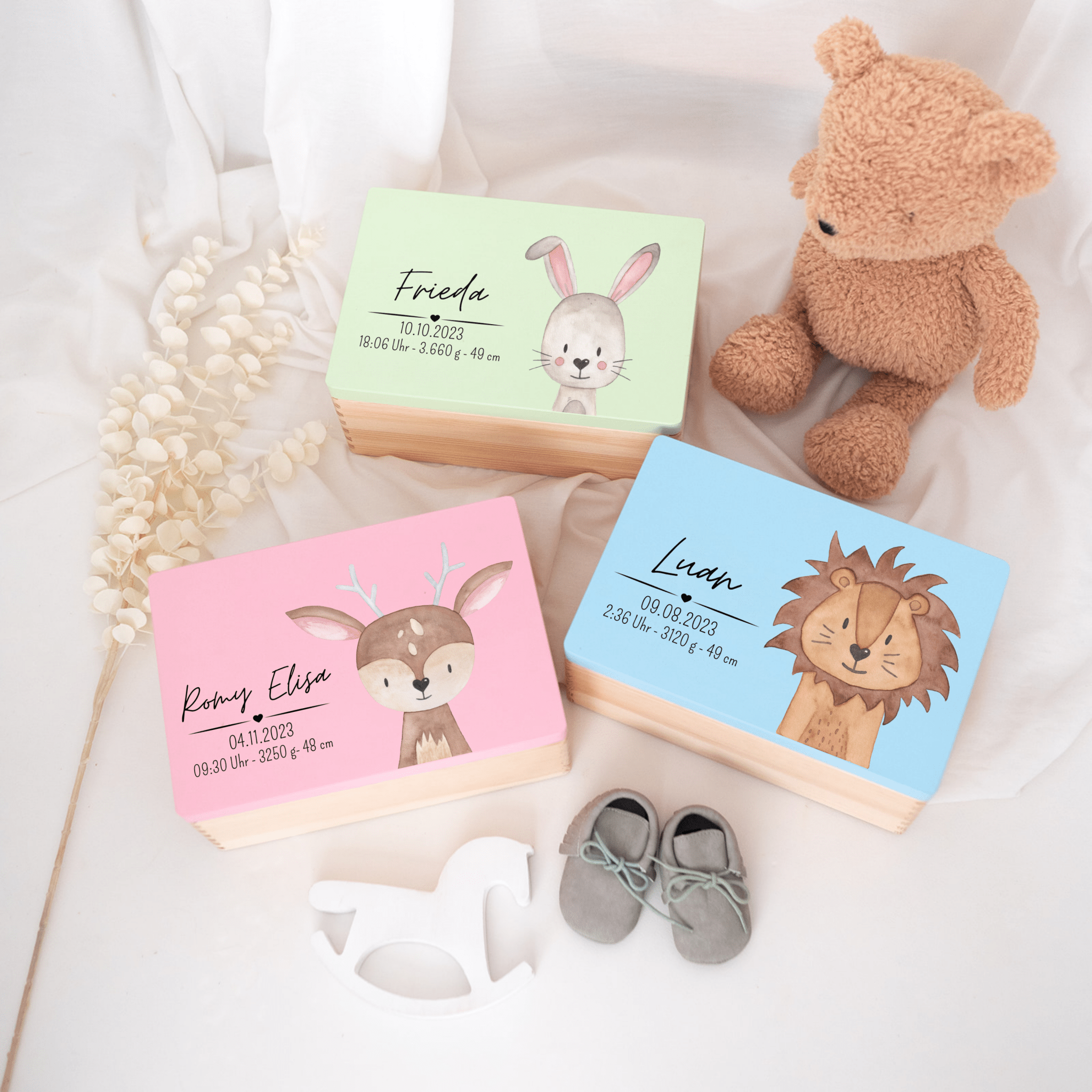 Erinnerungsbox Holz farbig mit Wunschdaten – Tier Aquarell - wunderwunsch
