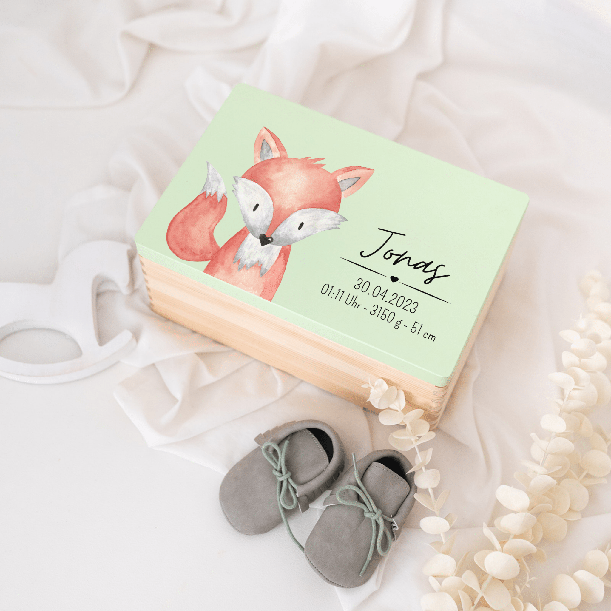 Erinnerungsbox Holz farbig mit Wunschdaten – Tier Aquarell - wunderwunsch