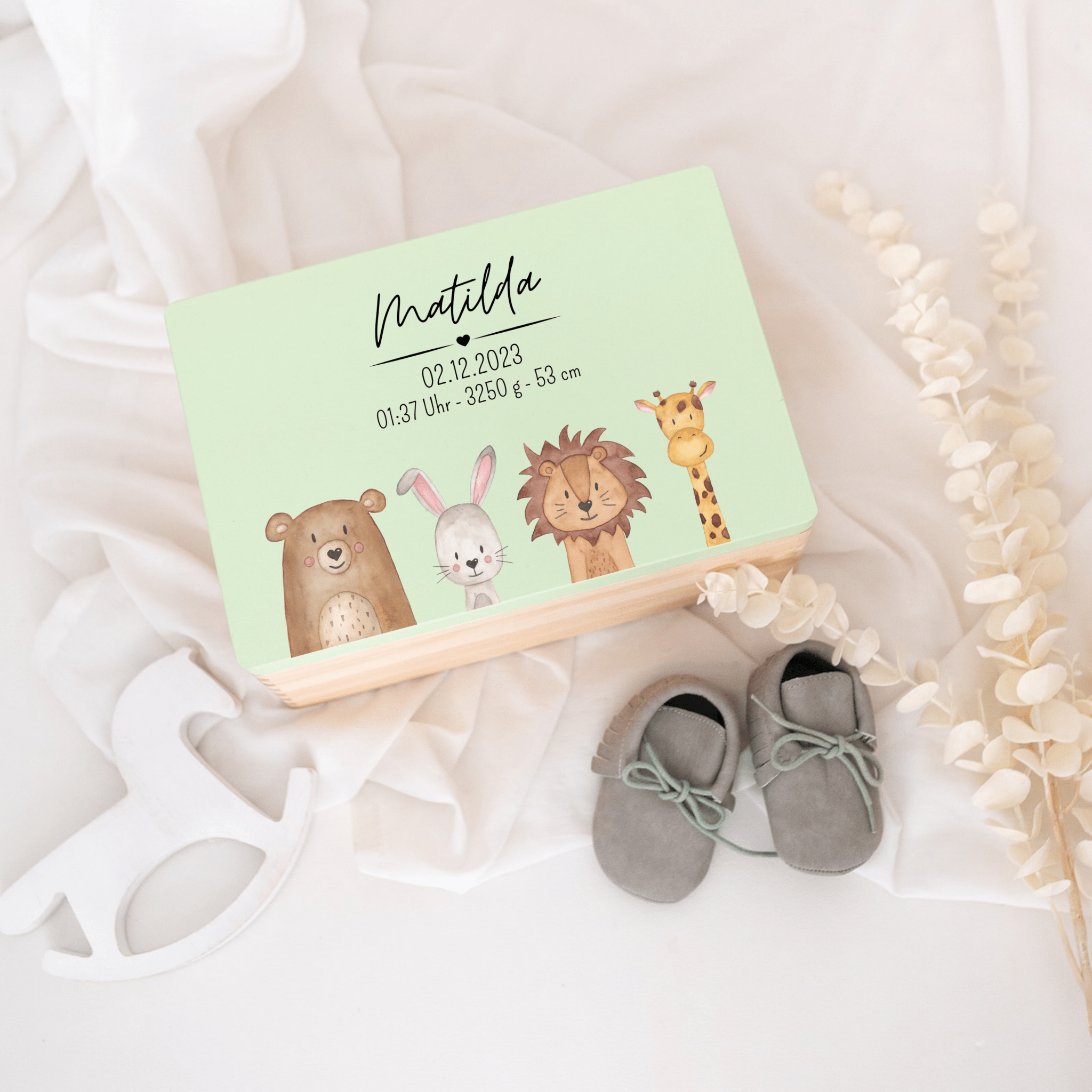 Erinnerungsbox Holz farbig mit Wunschdaten – Tiere unten Aquarell - wunderwunsch