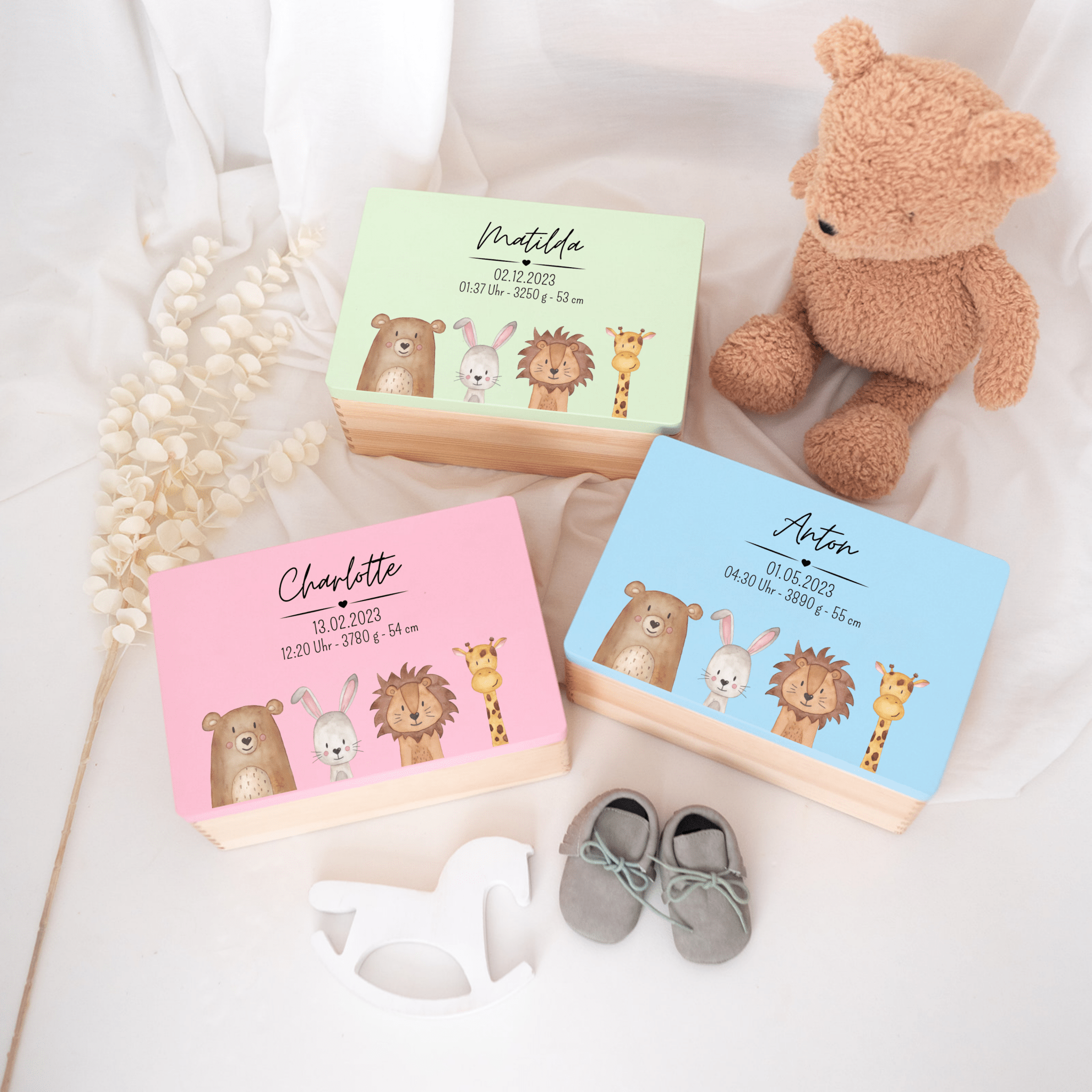 Erinnerungsbox Holz farbig mit Wunschdaten – Tiere unten Aquarell - wunderwunsch
