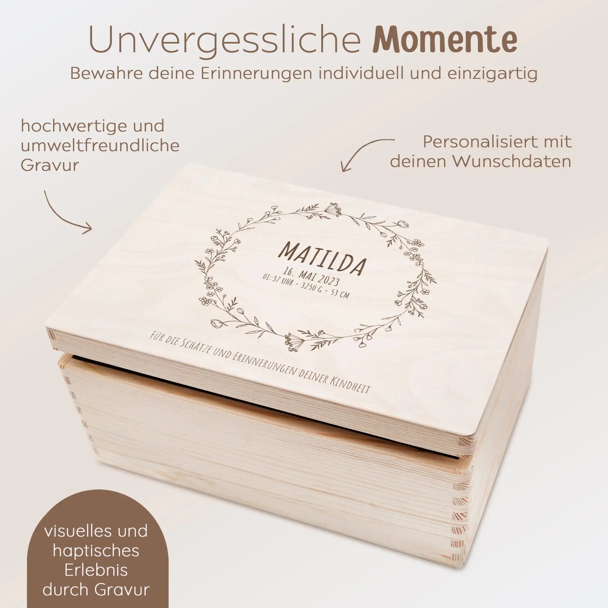 kindheitserinnerungen aufbewahren Erinnerungsbox Holz "Kindheitserinnerungen" mit Wunschdaten – Blumenkranz⎜Wunderwunsch