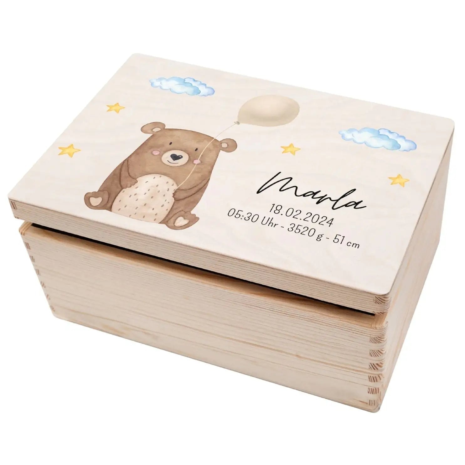 Erinnerungsbox Holz mit Wunschdaten – Bär mit Luftballon Aquarell - wunderwunsch