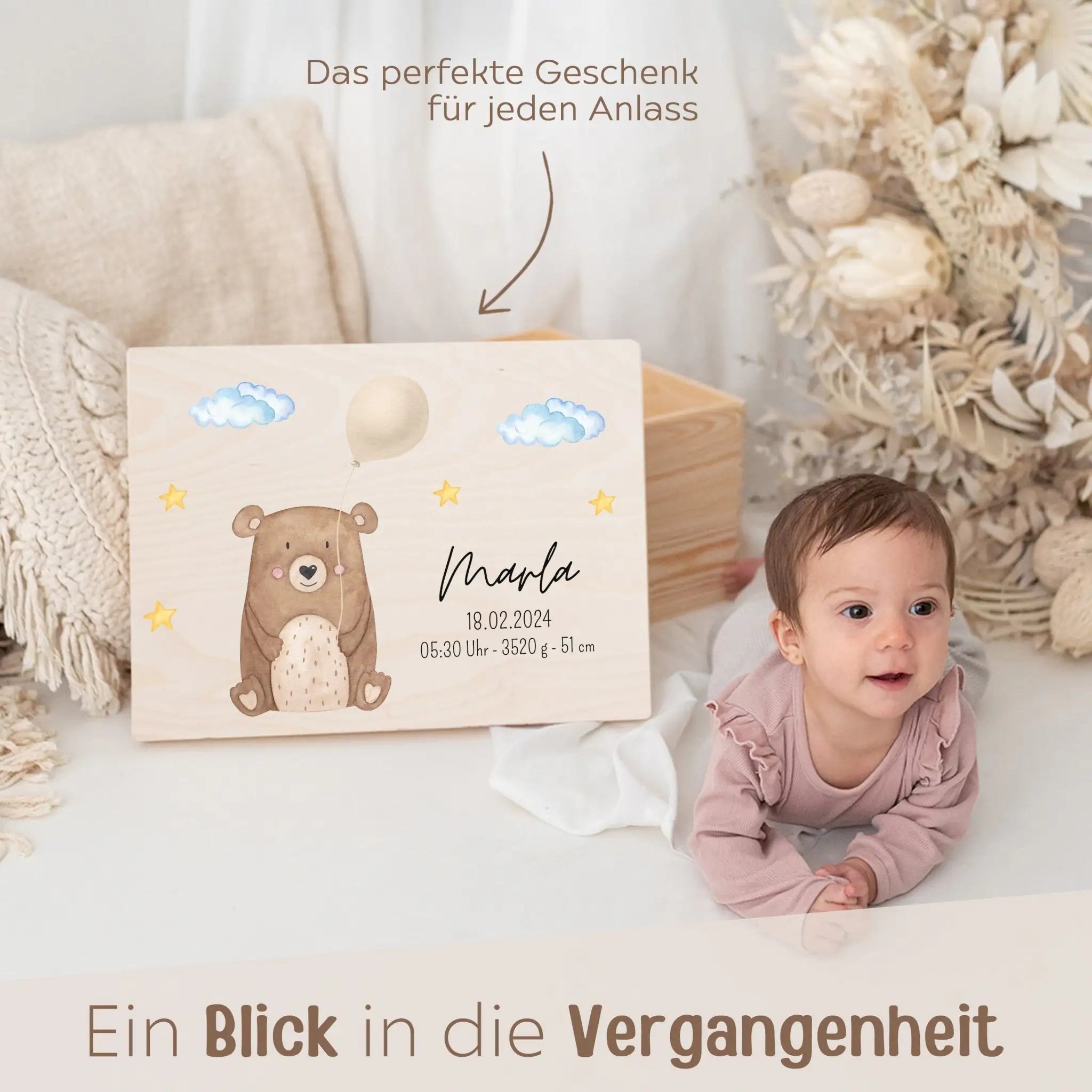Erinnerungsbox Holz mit Wunschdaten – Bär mit Luftballon Aquarell - wunderwunsch