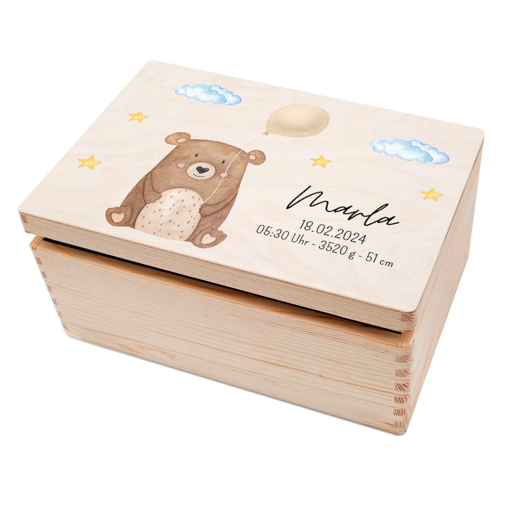 Erinnerungsbox Holz mit Wunschdaten – Bär mit Luftballon Aquarell - wunderwunsch