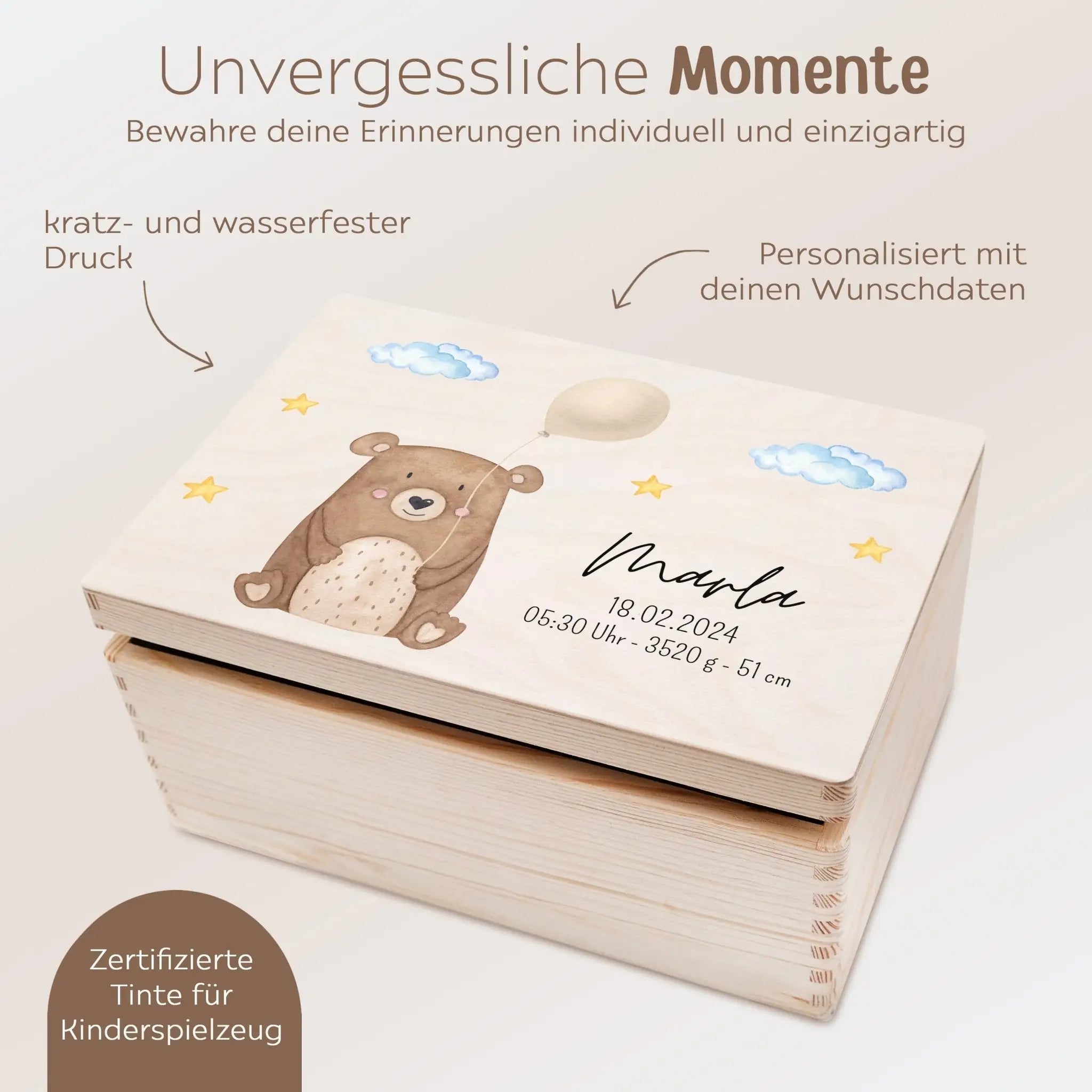 Erinnerungsbox Holz mit Wunschdaten – Bär mit Luftballon Aquarell - wunderwunsch