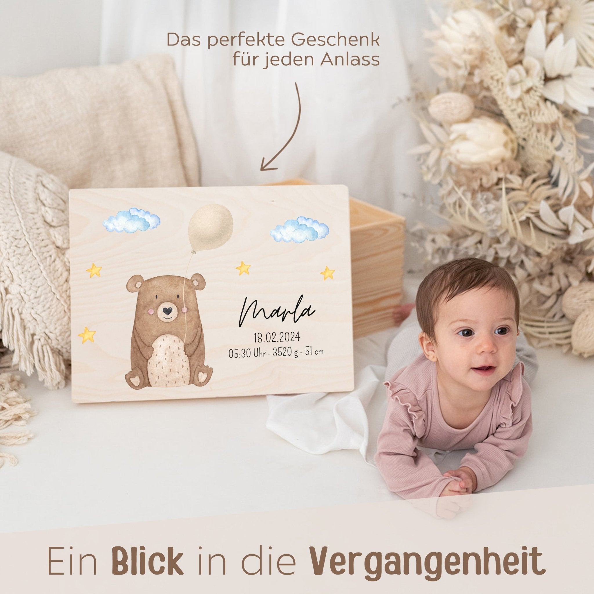 Erinnerungsbox Holz mit Wunschdaten – Bär mit Luftballon Aquarell - wunderwunsch