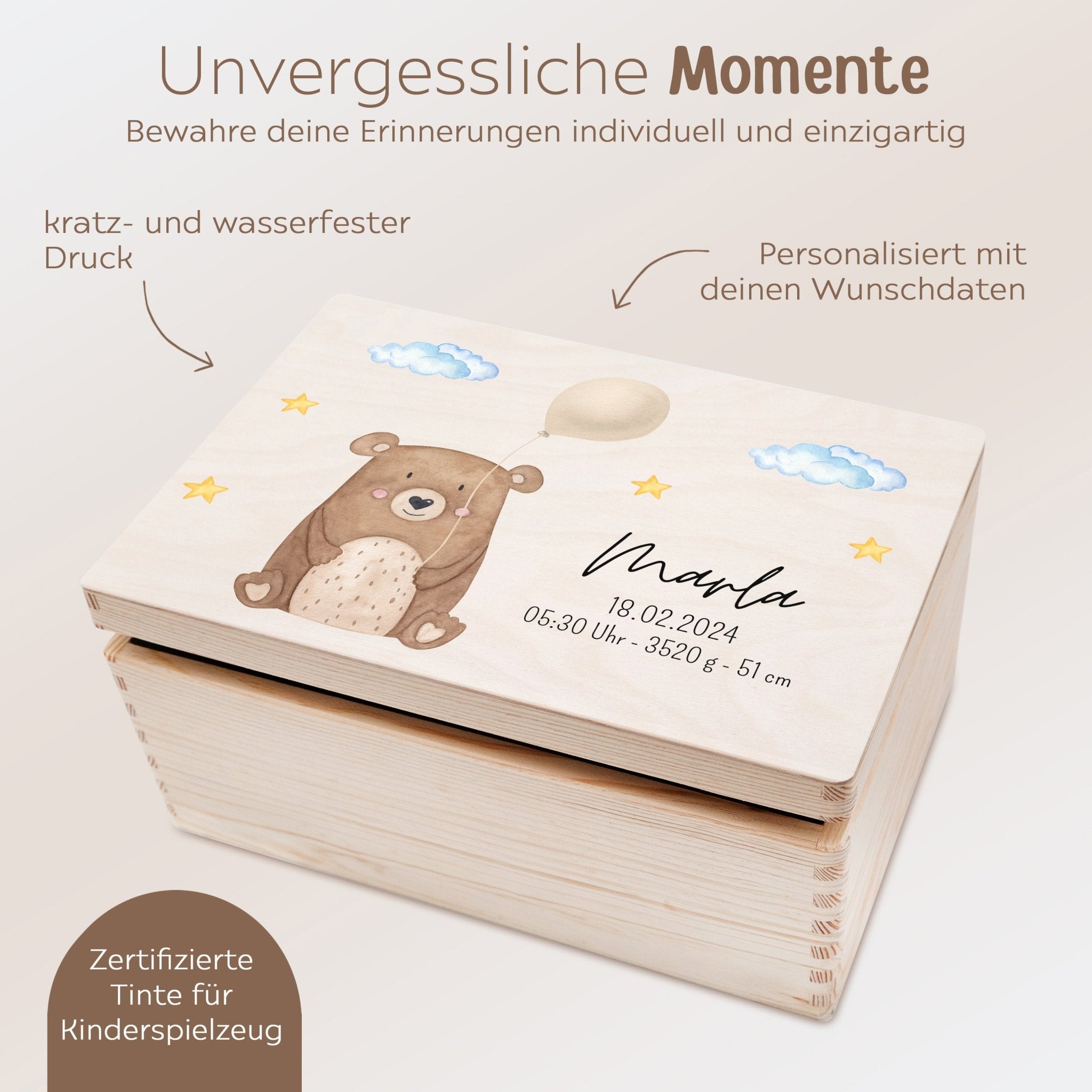 Erinnerungsbox Holz mit Wunschdaten – Bär mit Luftballon Aquarell - wunderwunsch