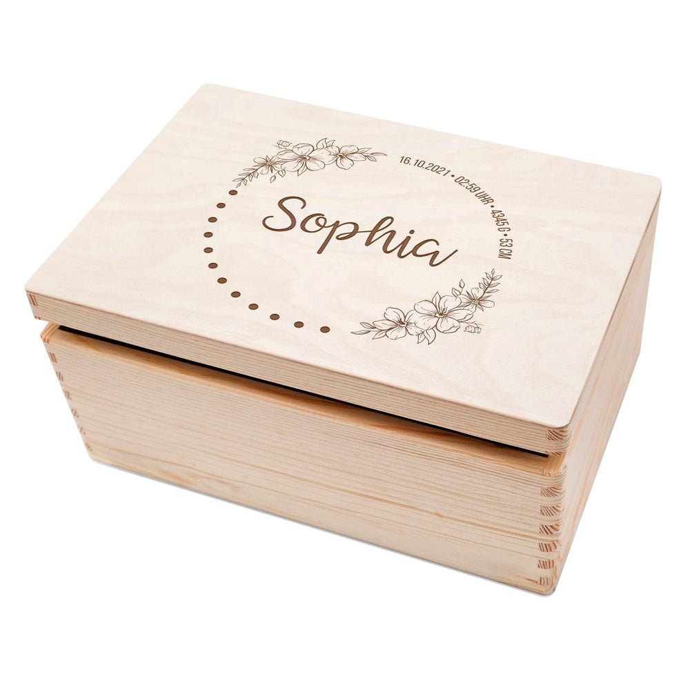 Erinnerungsbox Holz mit Wunschdaten – Blumenkreis - wunderwunsch