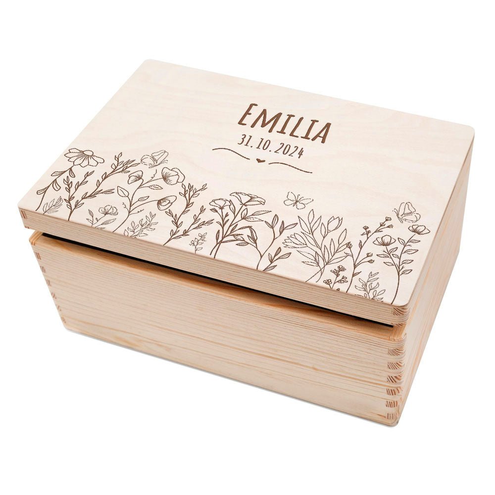 Erinnerungsbox Holz mit Wunschdaten – Blumenwiese - wunderwunsch