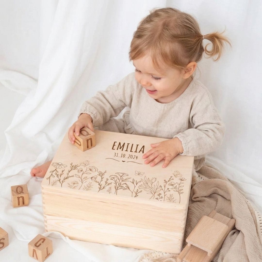 Erinnerungsbox Holz mit Wunschdaten – Blumenwiese - wunderwunsch