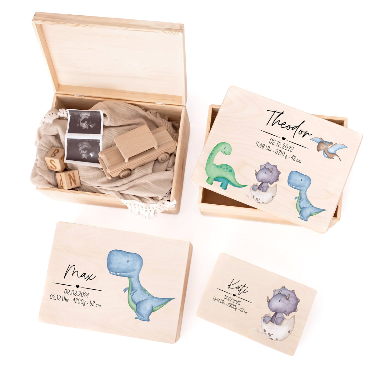 Erinnerungsbox Holz mit Wunschdaten – Dinosaurier Aquarell - wunderwunsch