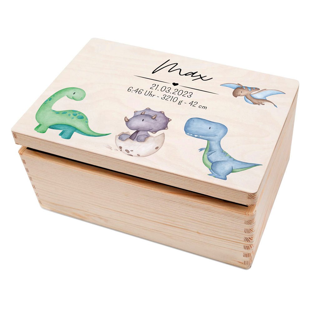 Erinnerungsbox Holz mit Wunschdaten – Dinosaurier Aquarell - wunderwunsch