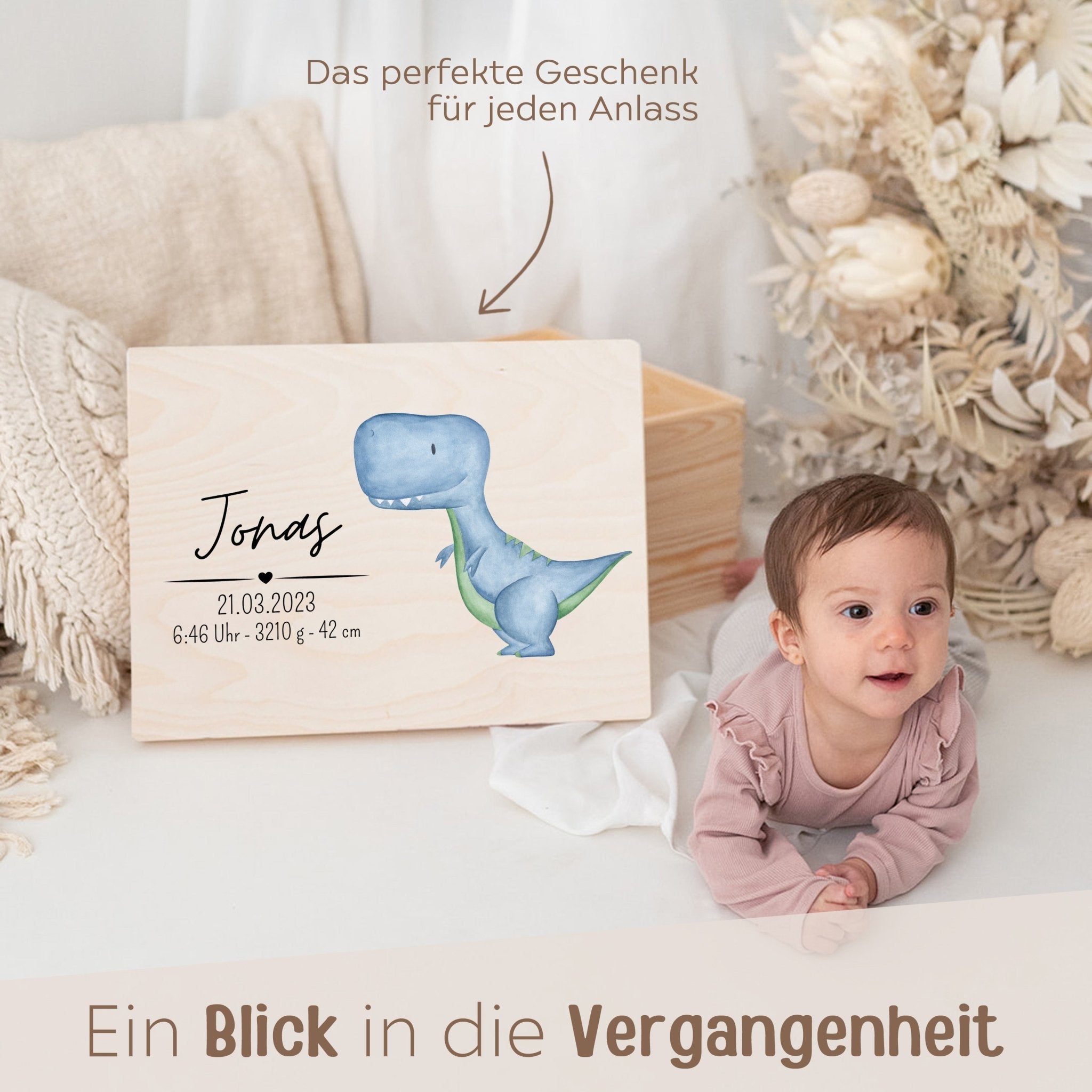 Erinnerungsbox Holz mit Wunschdaten – Dinosaurier Aquarell - wunderwunsch
