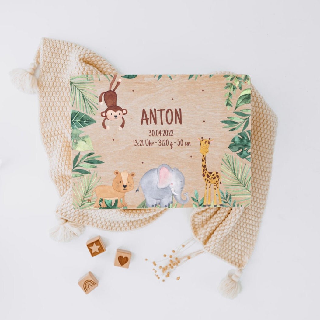 Erinnerungsbox Holz mit Wunschdaten – Dschungel Tiere Aquarell - wunderwunsch