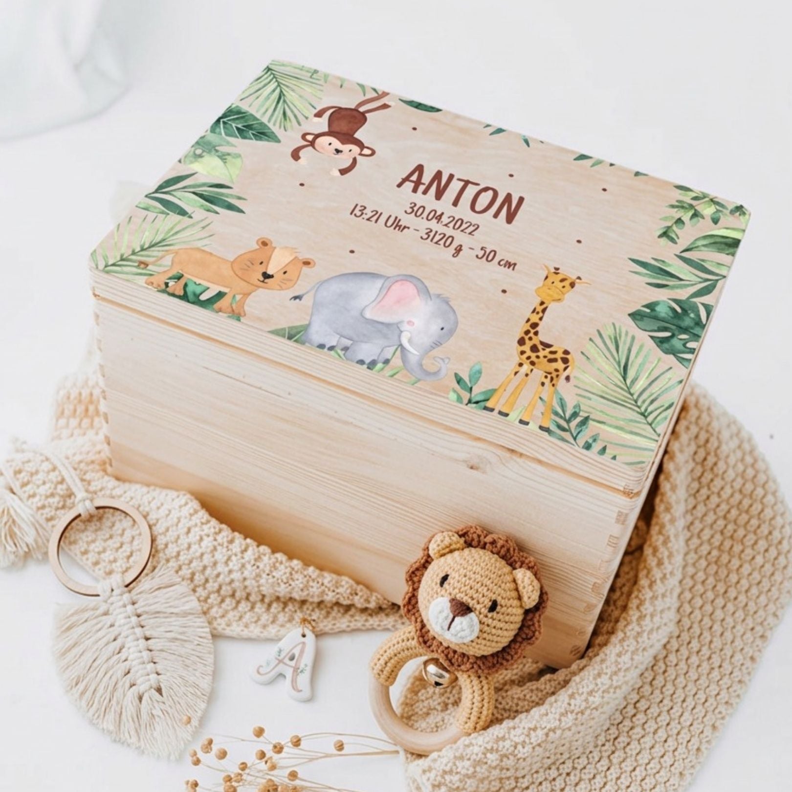 Erinnerungsbox Holz mit Wunschdaten – Dschungel Tiere Aquarell - wunderwunsch