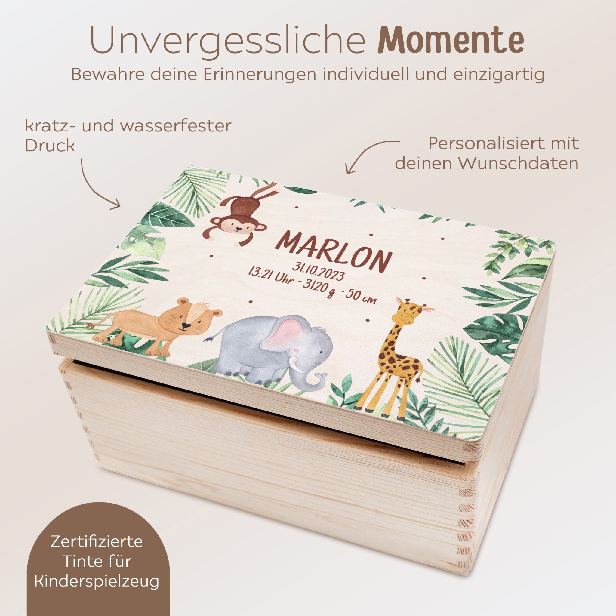 Erinnerungsbox Holz mit Wunschdaten – Dschungel Tiere Aquarell - wunderwunsch
