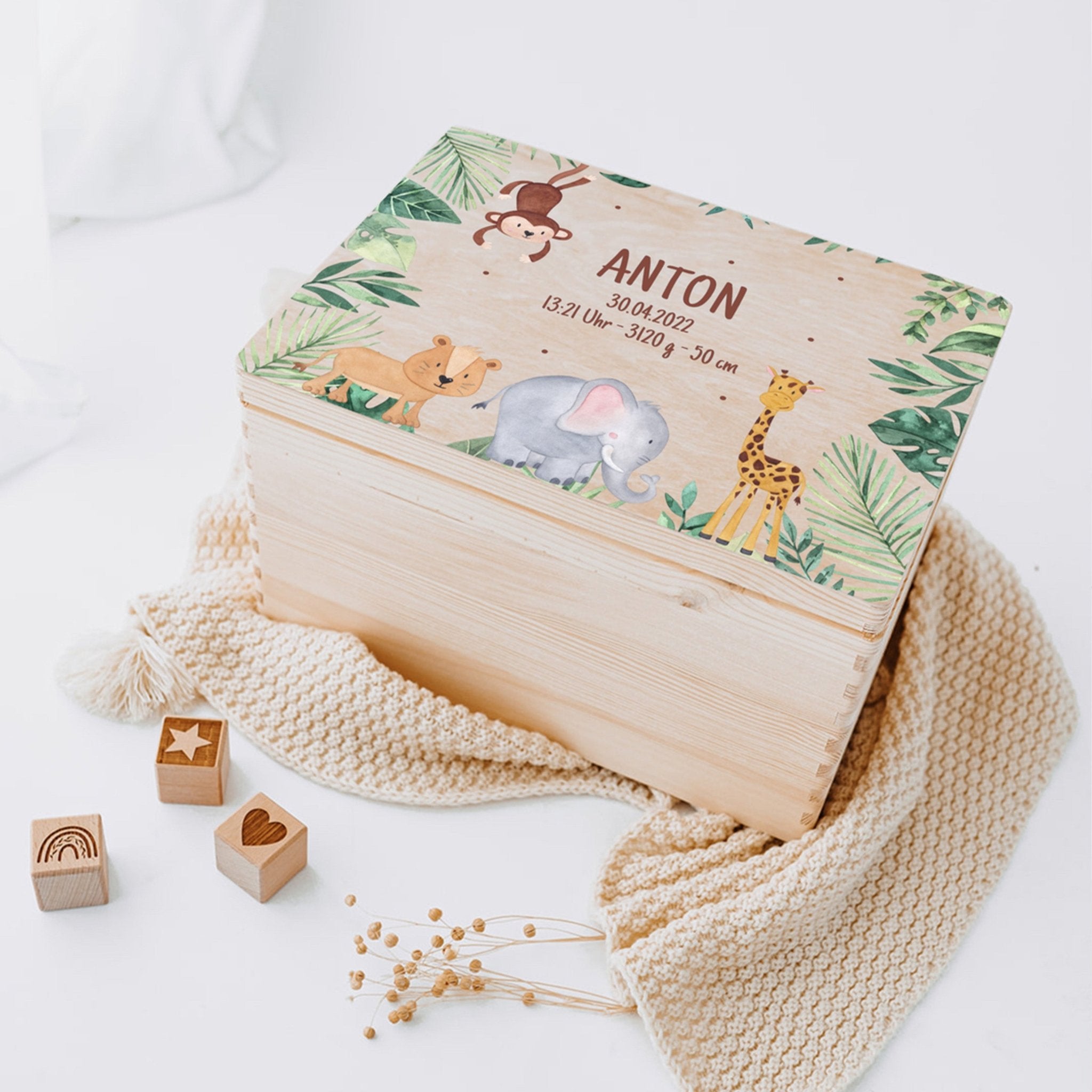 Erinnerungsbox Holz mit Wunschdaten – Dschungel Tiere Aquarell - wunderwunsch
