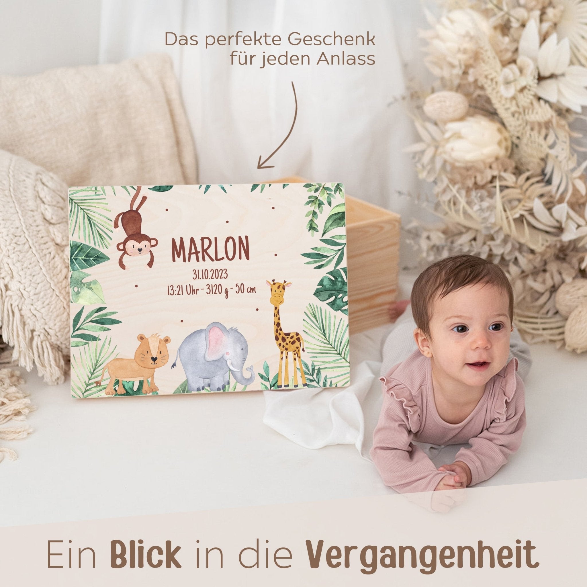 Erinnerungsbox Holz mit Wunschdaten – Dschungel Tiere Aquarell - wunderwunsch