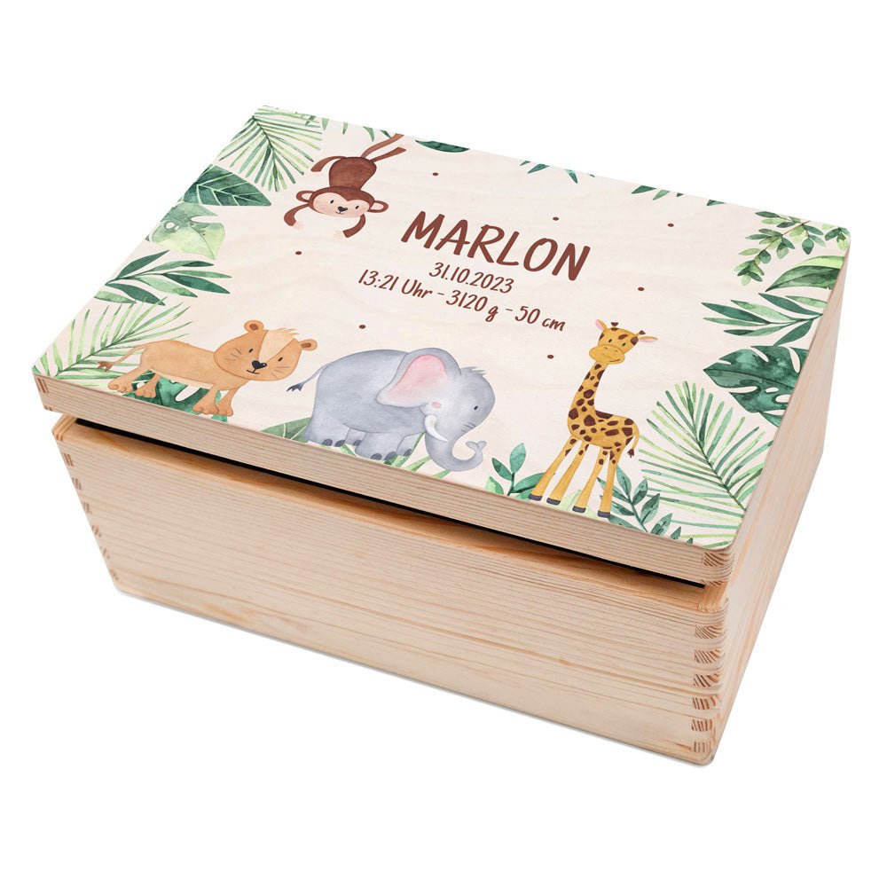 Erinnerungsbox Holz mit Wunschdaten – Dschungel Tiere Aquarell - wunderwunsch